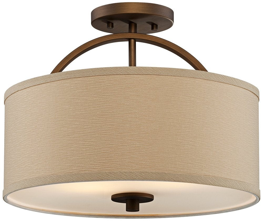 Possini Euro Design Halsted Mid Century Modern Ceiling Light Semi-Flush Mount Fixture Brushed Bronze 15'' Wide Oatmeal Linen Dru