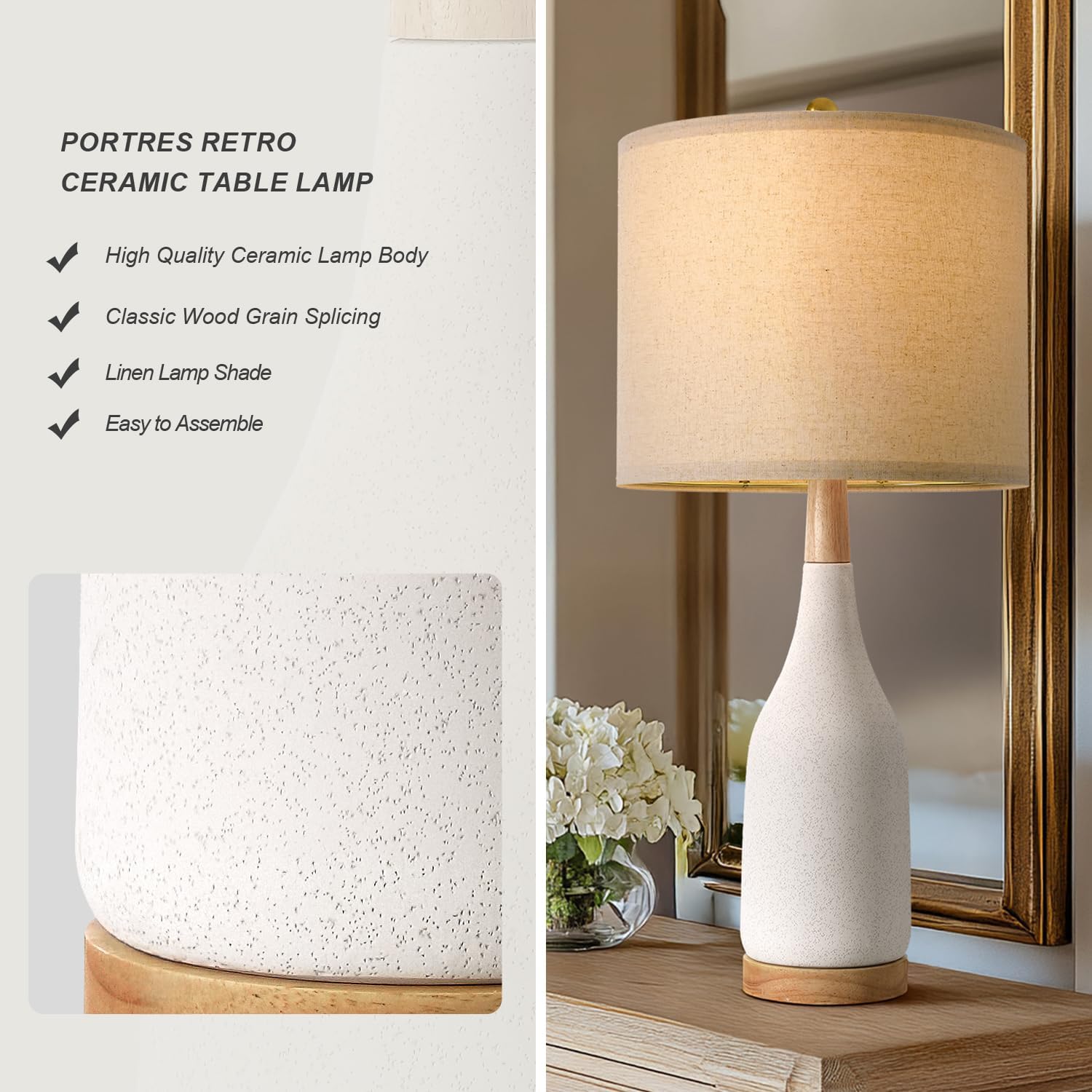 Portres 27 Ceramic Table Lamps For Bedroom Living Room Vintage Lamp Set Of 2 Bedside Nightstand Lamp Large Farmhouse Rustic Boho Retro Modern Table Lamp Light Home Office Desk Deco Gifts  White