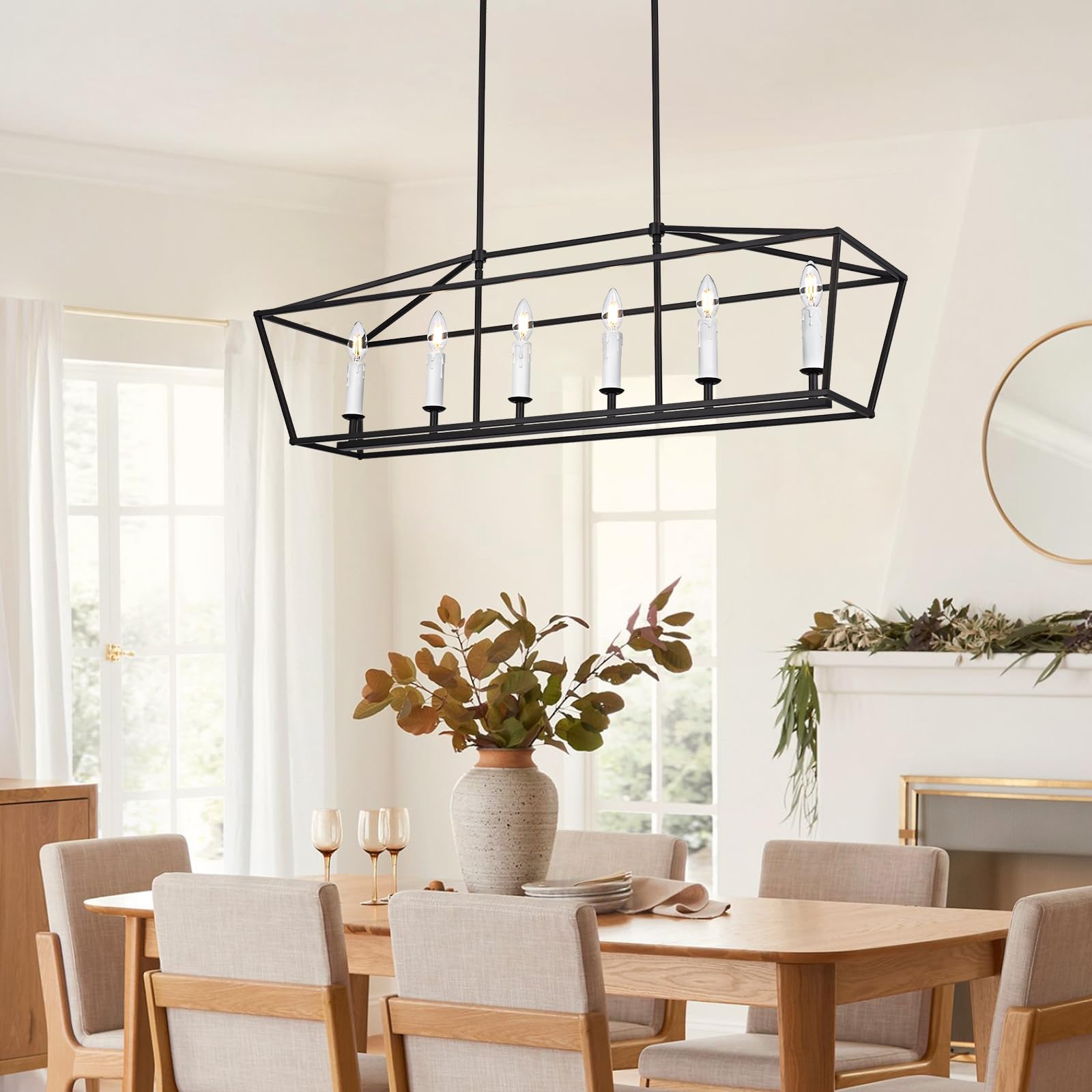Winshen 6-Light Black Island Lighting  Industrial Pendant Light Fixtures Candle-Style For Kitchen Dining Room Living Room  E12 Bulb Base