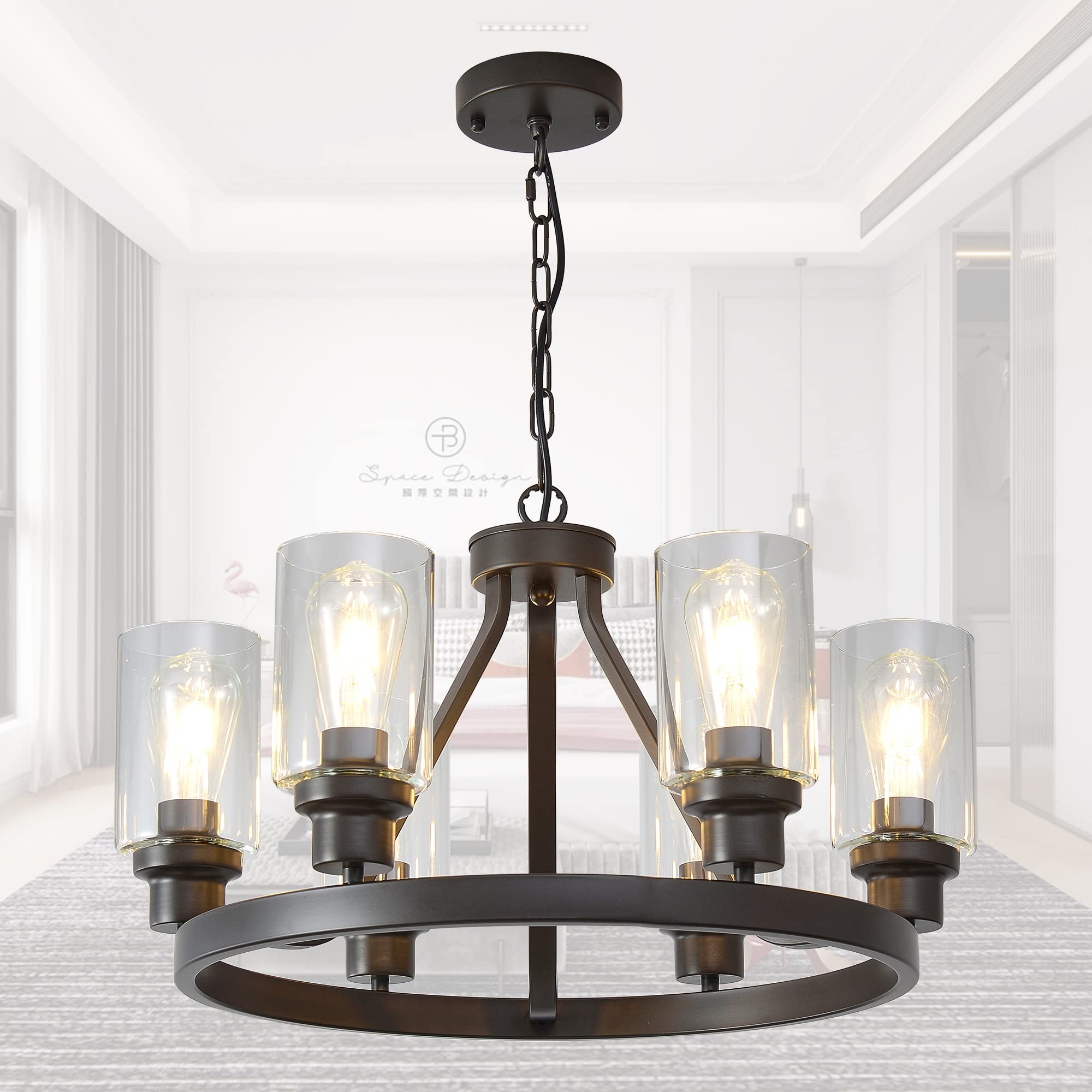 Sivilynus Farmhouse Chandelier Lighting Round 6 Lights Oil Rubbed Bronze with Glass Shade Ceiling Hanging Vintage Rustic Light F