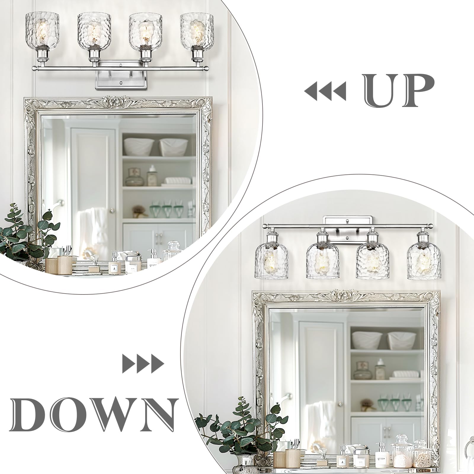 Zeyu 27 Inch Bathroom Wall Light Over Mirror, 4-Light Vanity Lighting Fixture, Brushed Nickel Finish With Clear Hammered Glass,