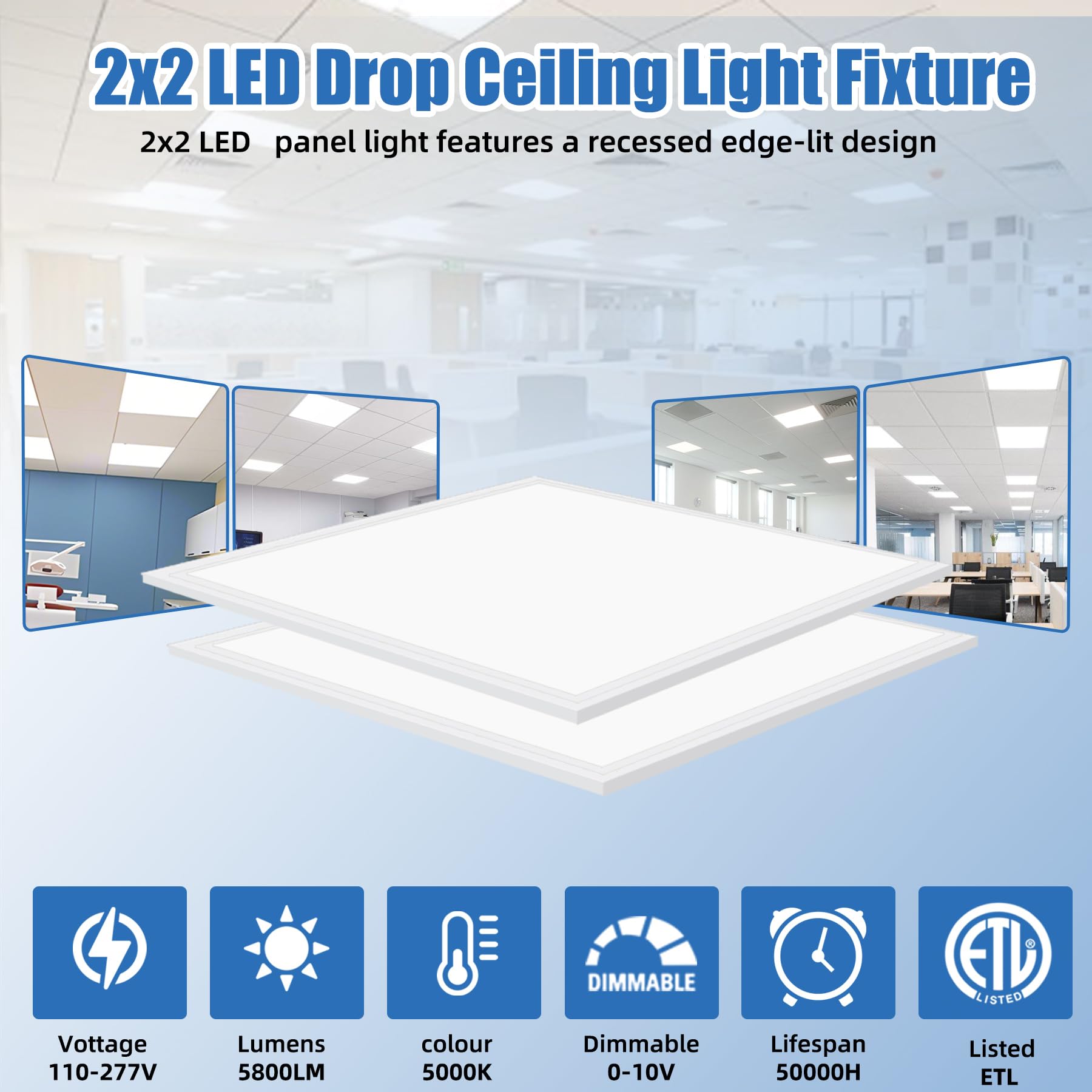 2X2 Led Flat Panel Light,45W,5800 Lumens, 2X2 Drop Ceiling Led Light,0-10V Dimmable Recessed Edge-Lit Troffer Fixture,Etl Listed