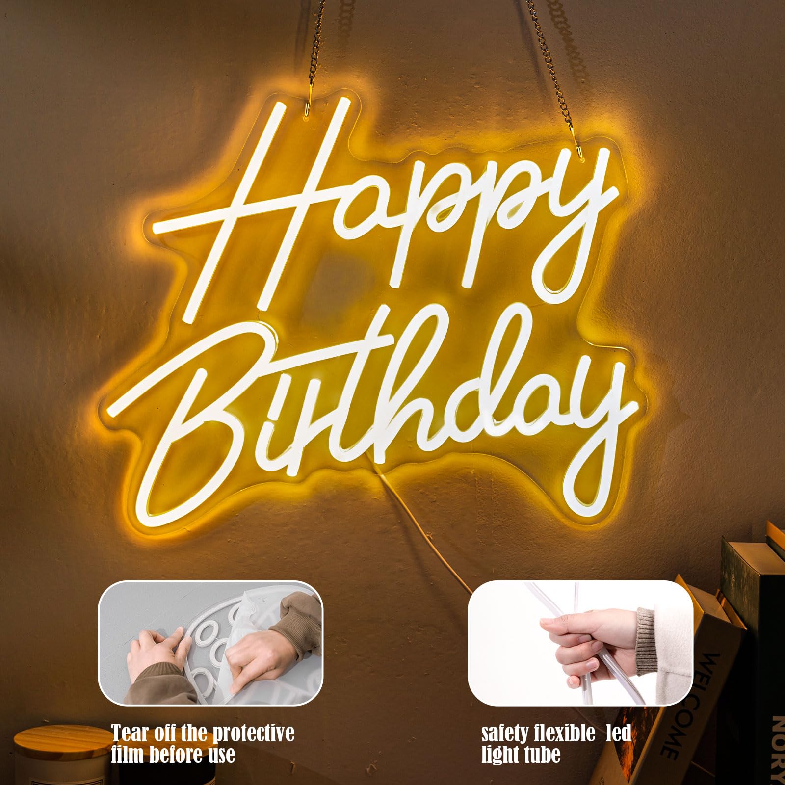 Gevbay LED Neon Happy Birthday Sign for Wall Decor, Warm White, 15.82 x 13.02 Inches, Model GC-2401020-2, USB Powered