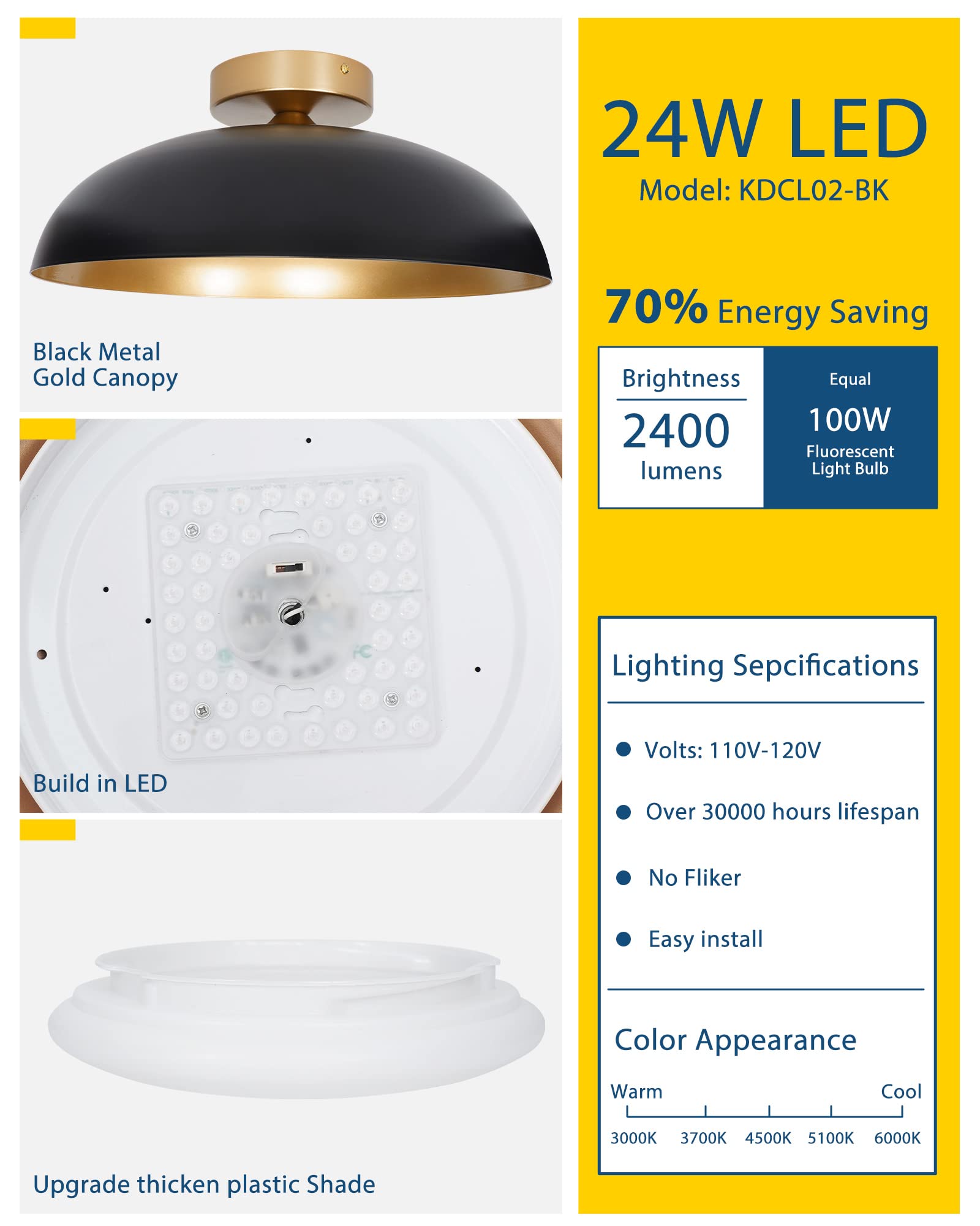 Kudos 16 Inch Flush Mount Ceiling Light, 2 Pack Led Ceiling Light Fixtures, 24W 2400Lm Black And Gold Ceiling Lights For Kitchen, Hallway, Bathroom, 5Cct Adjustable, Kdcl02-Bk-2Pk