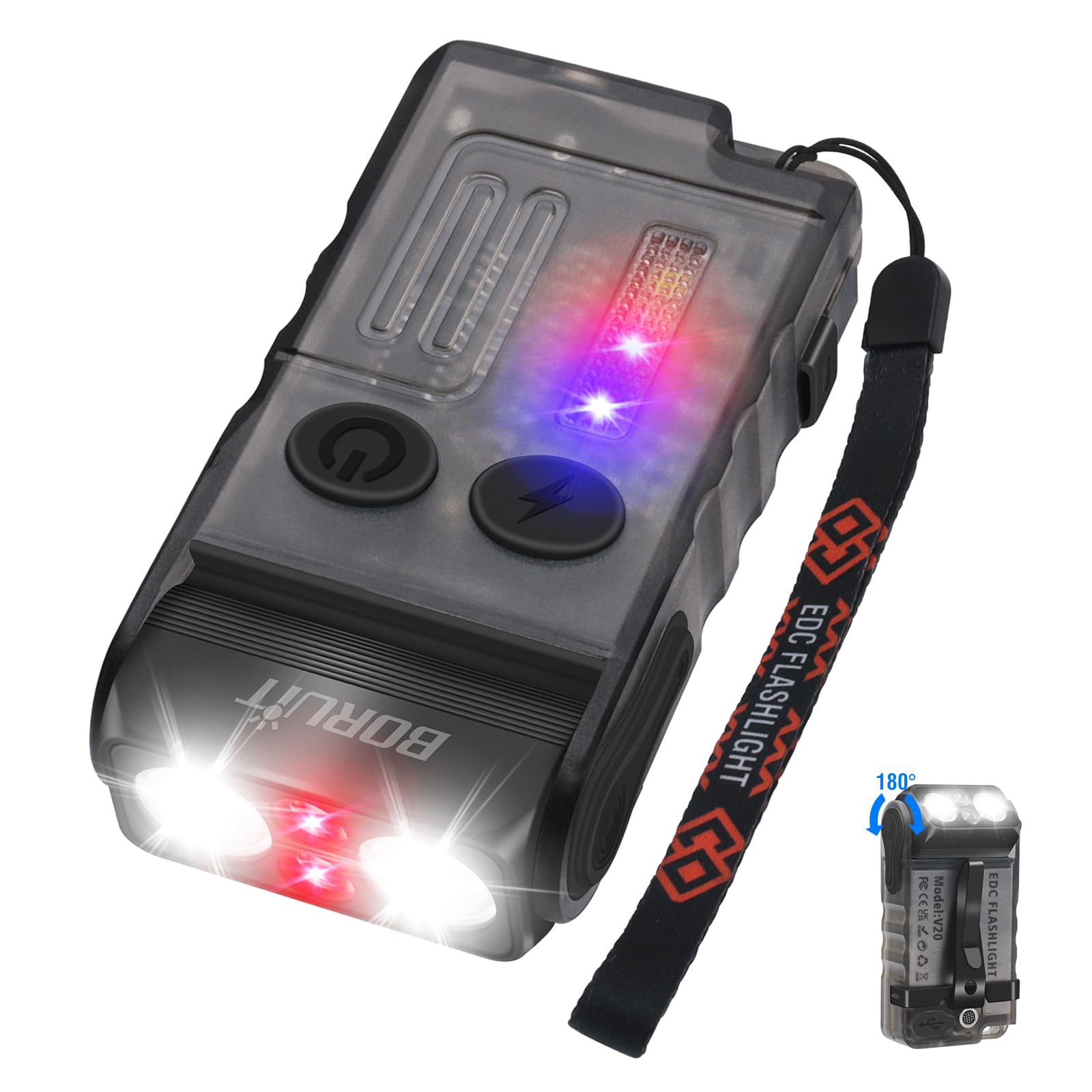 BORUiT V20 LED Flashlight, 1000LM, USB C Rechargeable, 14 Modes, IP67, Magnetic, Black, Red Light Version