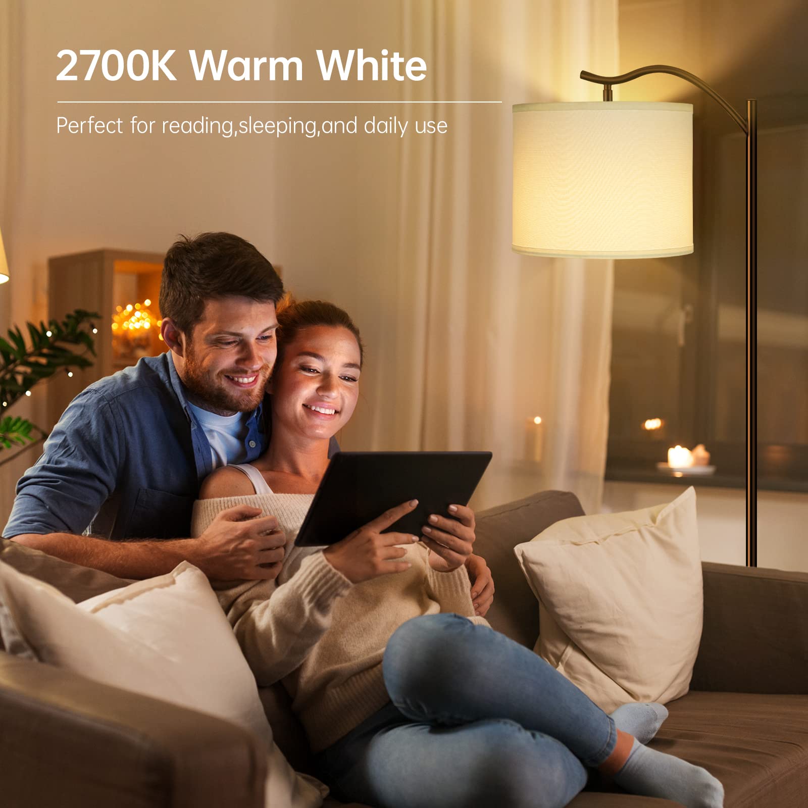 Boostarea Modern Led Arched Floor Lamp With Natural Linen Shade, 3 Brightness Levels, E26 Socket, Footswitch, 63-Inch Tall, Whit