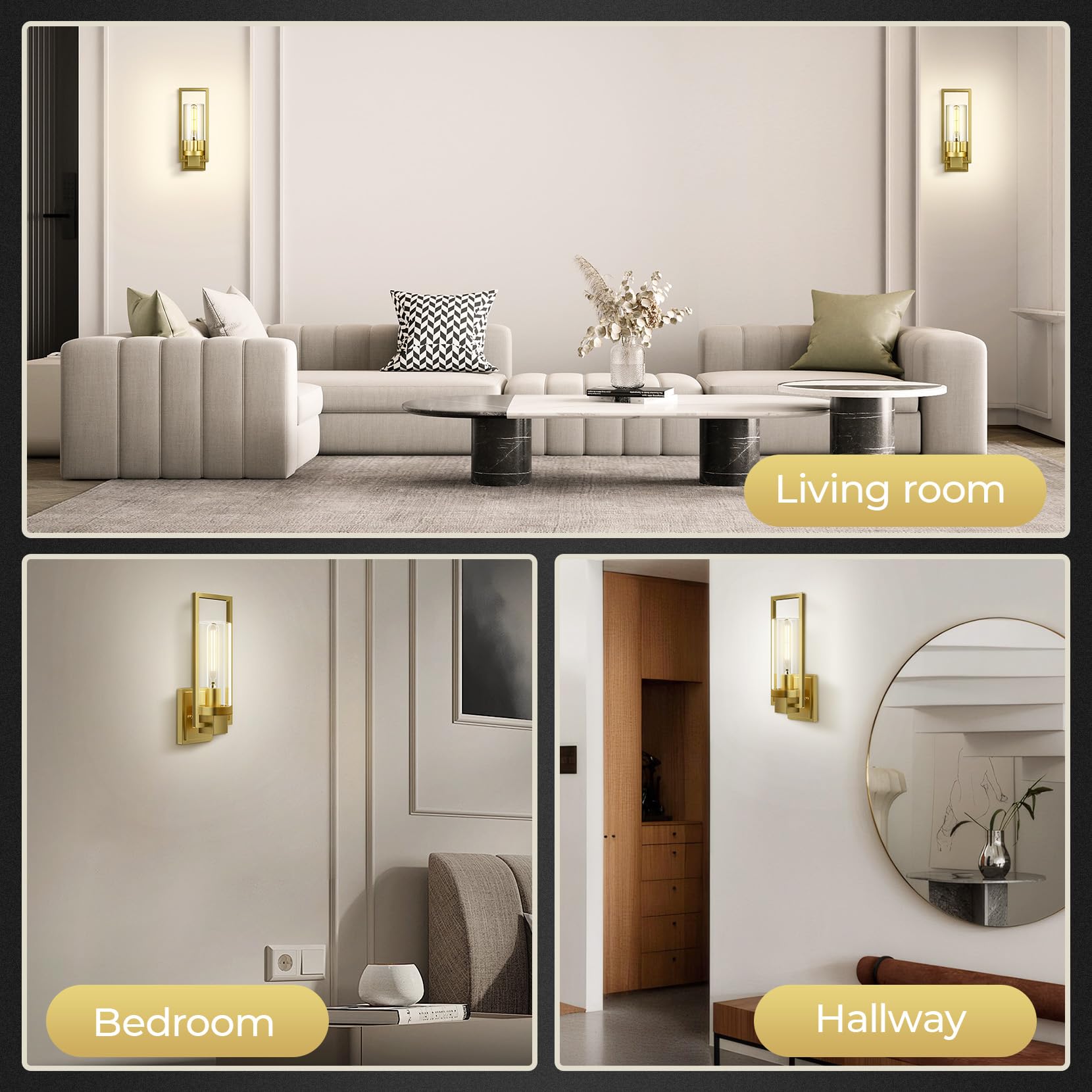 CINOTON Wall Sconces Set of 2, Brushed Gold Aluminum Lamp, 15in, Vintage Light Fixtures for Living Room, Hallway, Bedroom, Bathroom