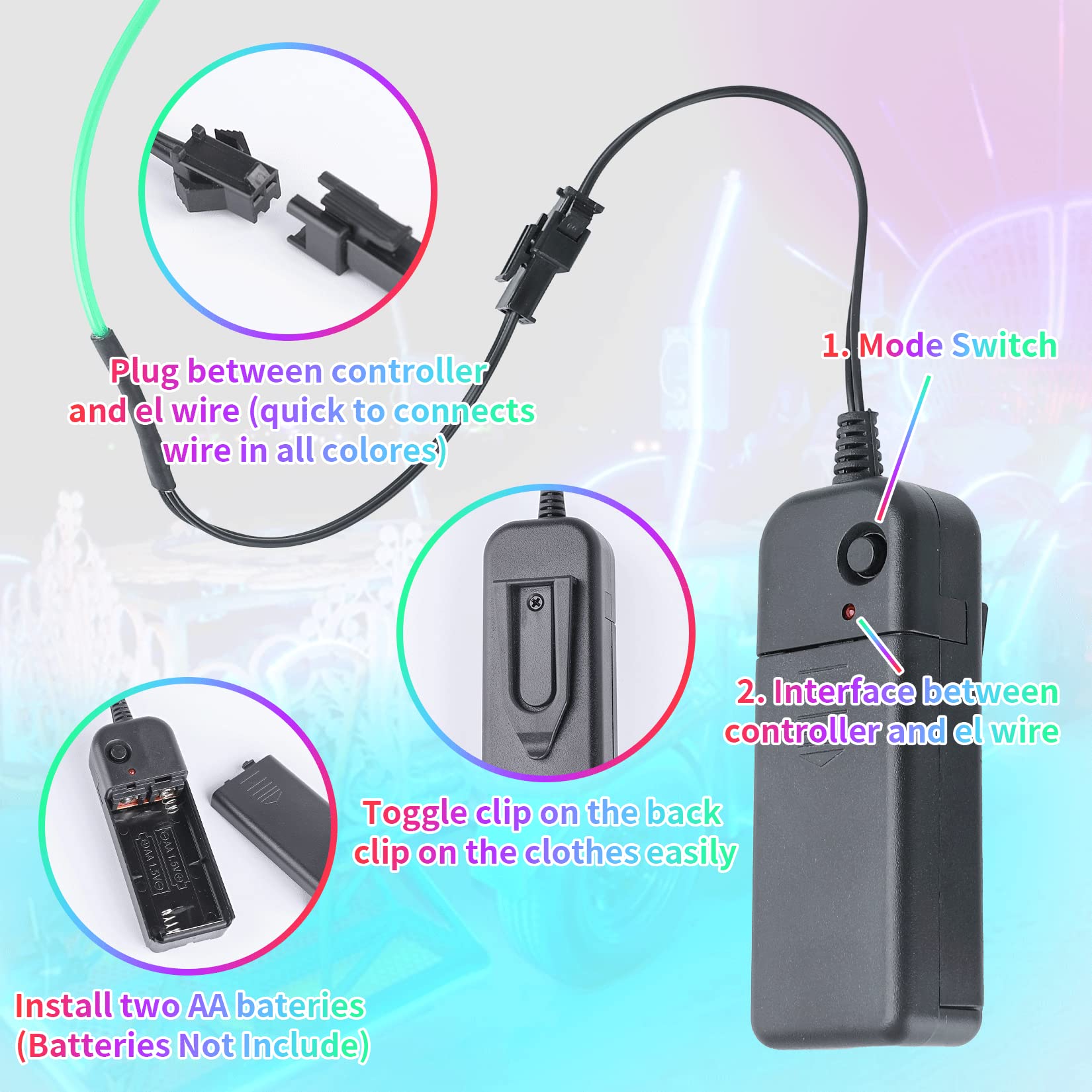 El Wire Neon Wire Neon Light 9.84Ft Diy Neon Glowing Flexible Electroluminescent Wire Light Kit For Parties Halloween Christmas Bike Clothing Decoration (Red Green White Ice Blue Purple 5 Pack)