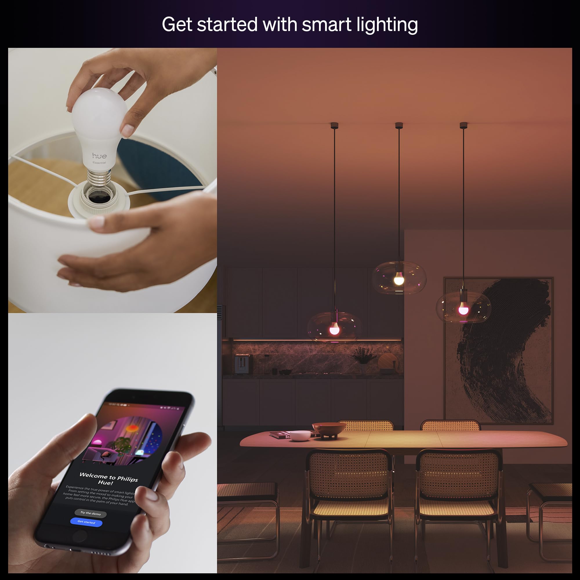 Philips Hue Essential Smart LED A19 Bulb, Dimmable, 800 Lumens, E26 Base, White/Color Ambiance, 1-Pack