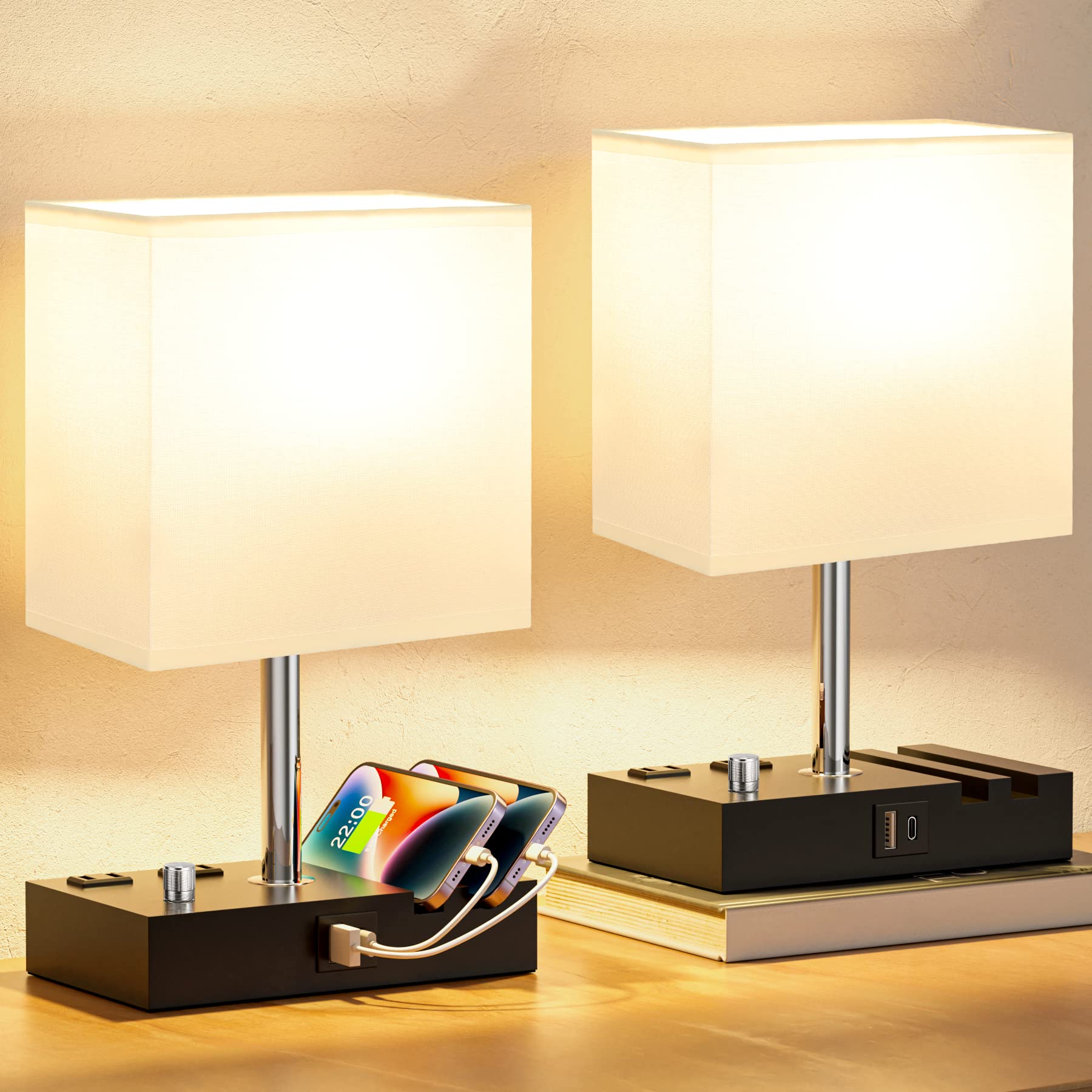 Kakanuo Bedside Lamps Set of 2, Fully Dimmable White USB Table Lamps with Charging Ports and Phone Stand, Wooden Design, Bulb Included