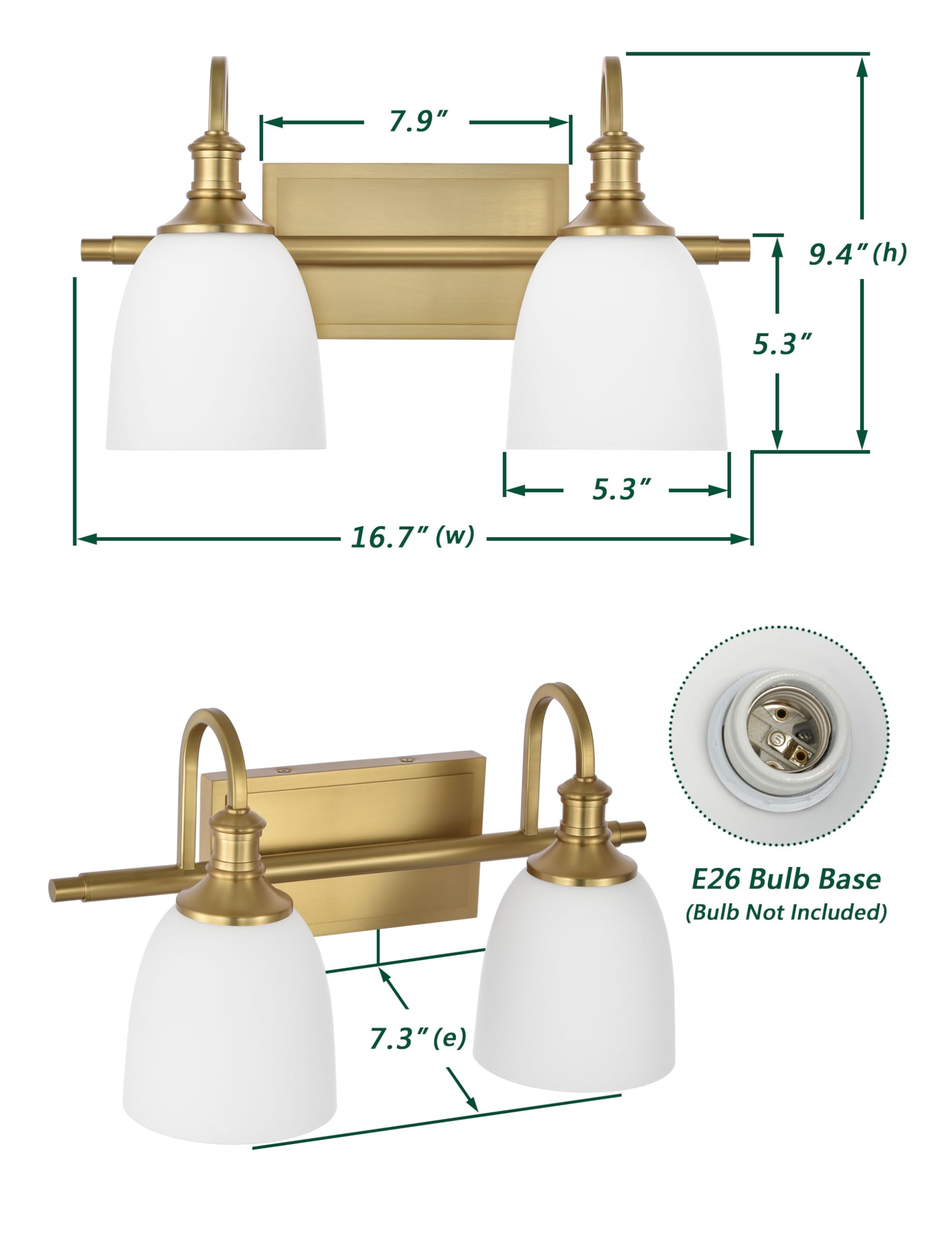 Hanaloa Vintage Aged Brass 2-Light Bathroom Vanity Light Fixture with Opal Glass Shade, Model VA0049-2-AGB