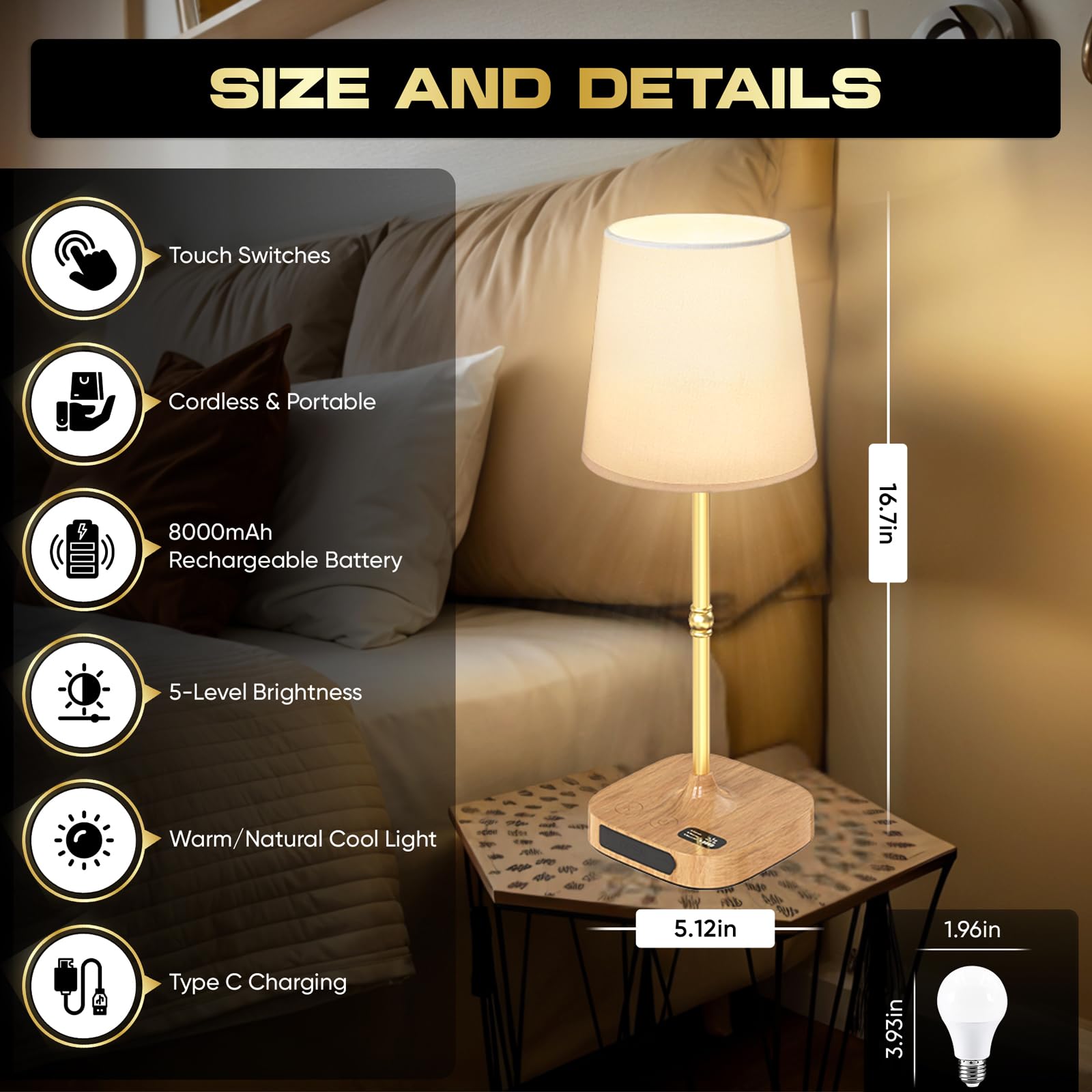 Bedside Table Lamp For Bedroom Living Room 3 Stepless Dimming Touch Lamp For Nightstand 5 Brightness Cordless Table Lamp Recharg