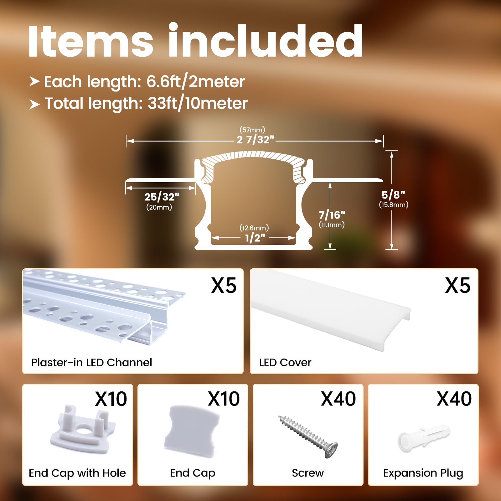 Muzata 5Pack LED Channel Trimless Diffuser 6.6FT/2M White U117 for Recessed Drywall Ceiling Wall