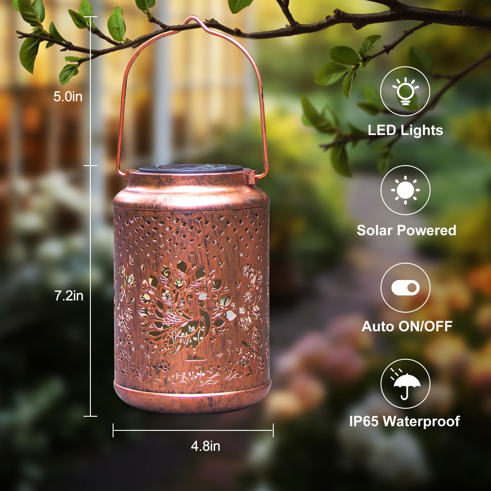 YISITEONE 2 Pack Peacock Solar Lanterns, Metal Hanging Lights for Outdoor Garden, Brown, Model ES04250700008
