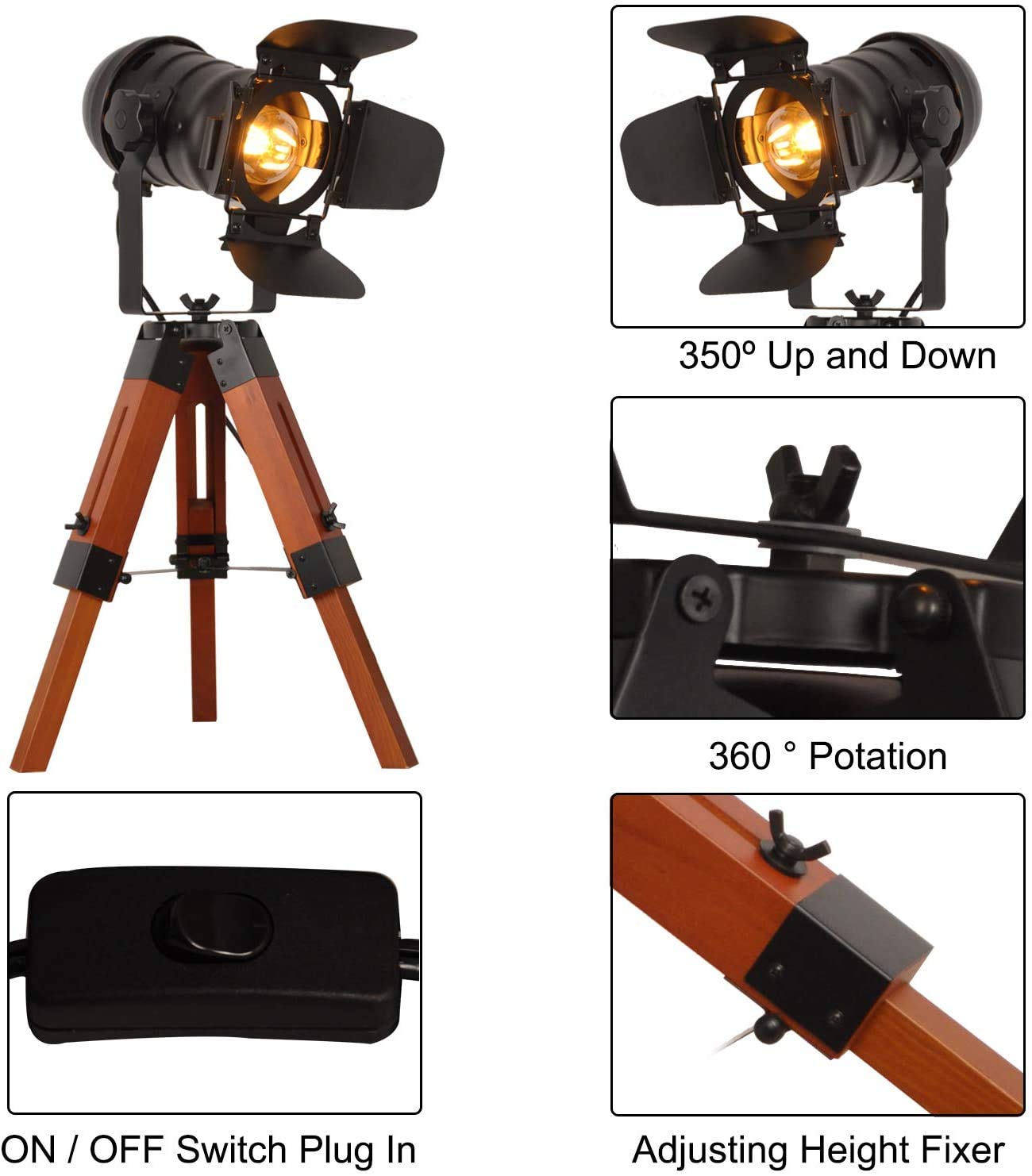 SUNLLOK Tripod Floor Lamp - Metal & Wooden Nautical Design - Adjustable Height - Black - Middle Size