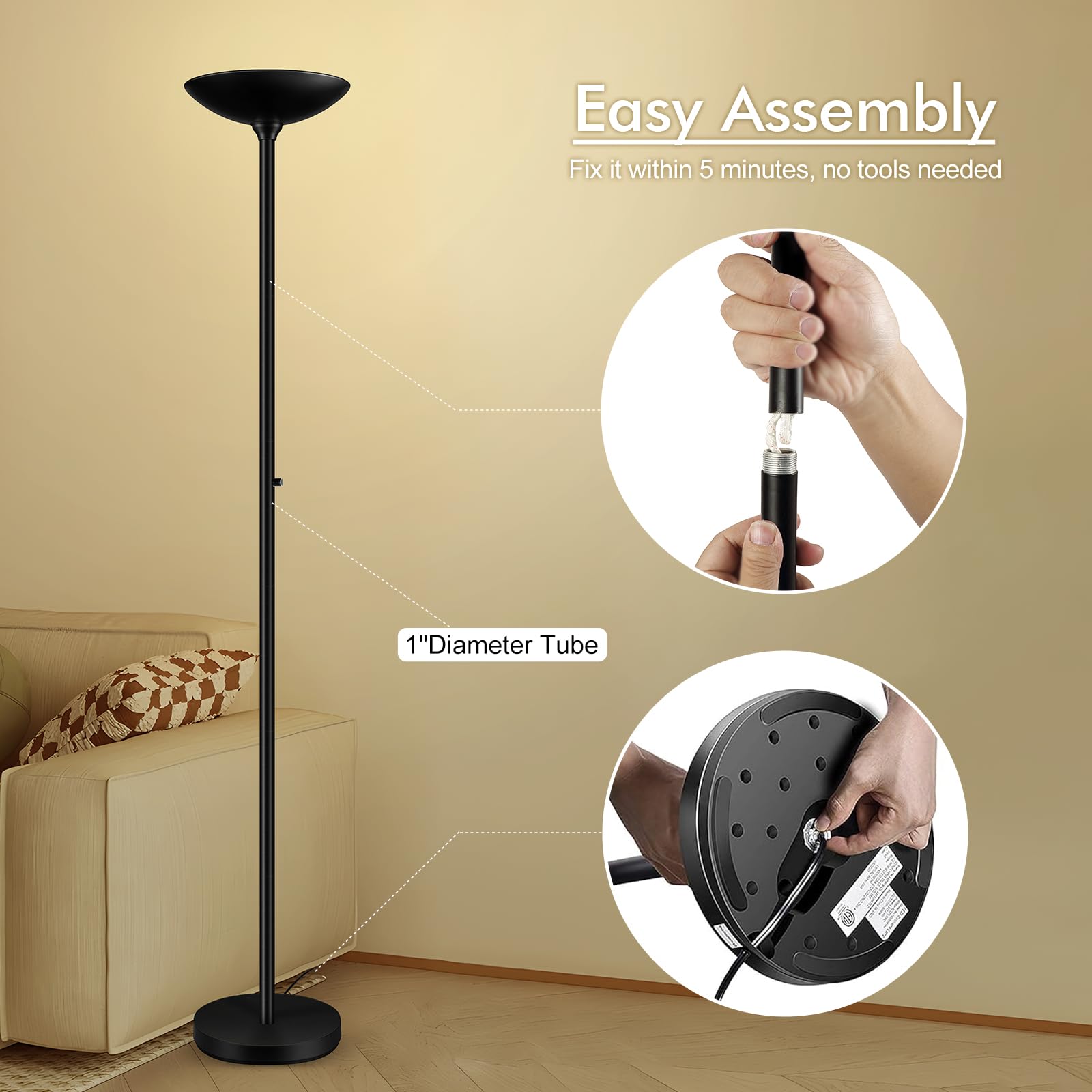 Auquee 30W Torchiere Floor Lamp - 3600Lm Dimmable Led, 71&quot; Black Metal Standing Light