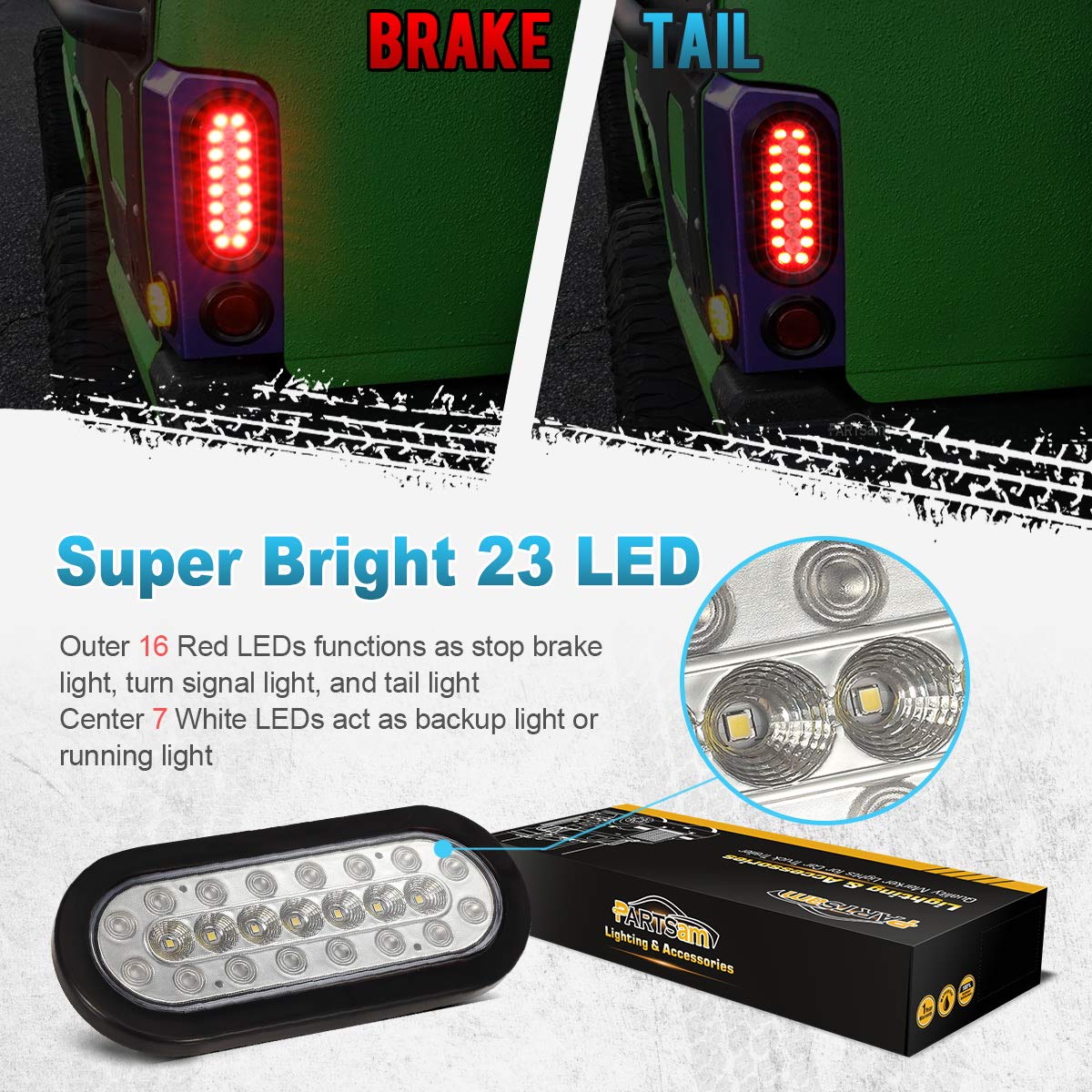 Partsam 2Pcs 6.3 Inch Oval Led Stop Turn Tail Lights With Reverse Lights Red And White Clear Lens 23 Led, Sealed 6.3 Inch Oval Led Trailer Tail Lights Backup Lights W Reflectors Grommet Flush Mount