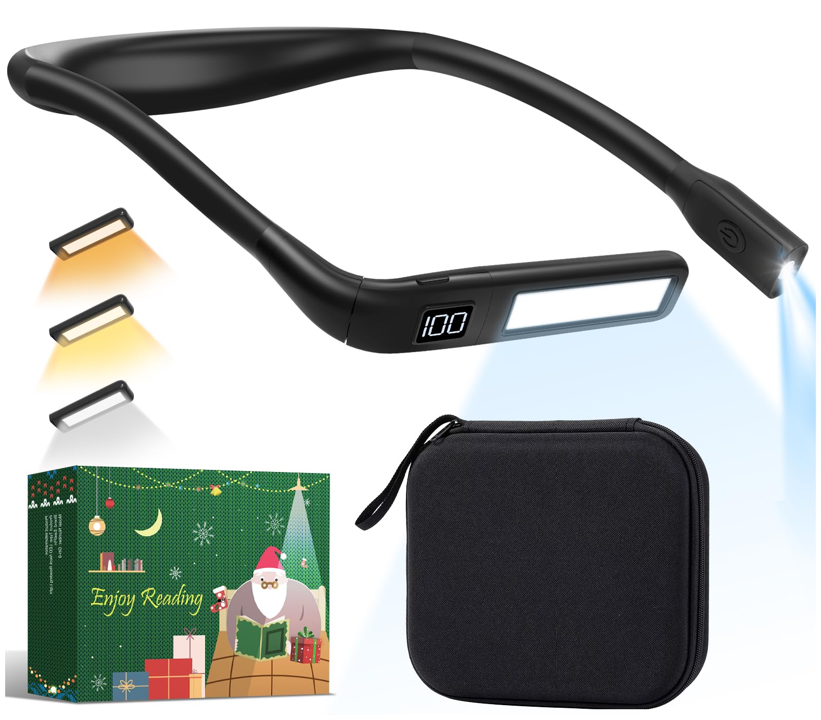 EastPin Rechargeable Book Light, 3 Color Dimmable, Bendable Neck, ABS Material, Black with Carry Case, Model GH-9