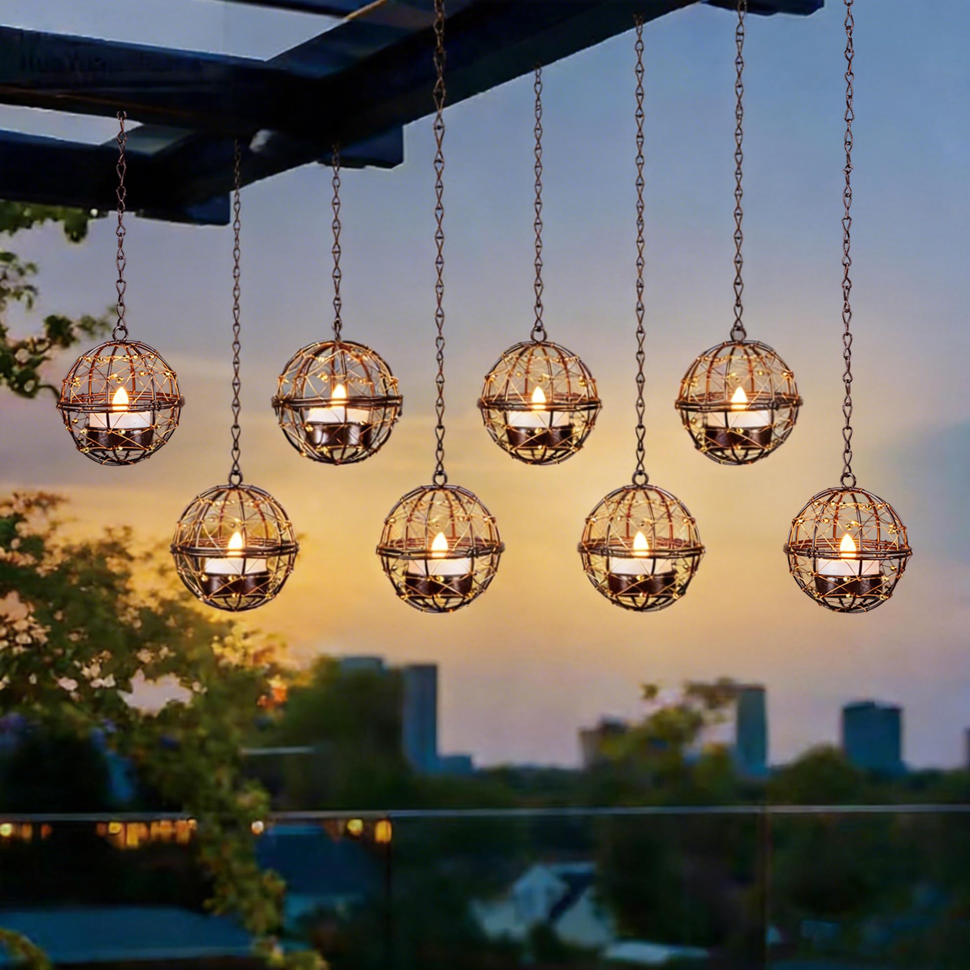 Outdoor Solar Hanging Lanterns Waterproof, Globe Hanging Candle Holder with Flickering Solar Powered Tea Lights, Chargeable Chan