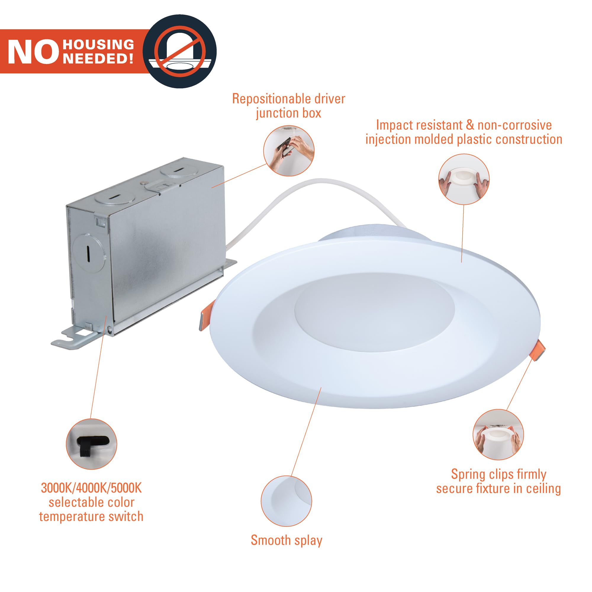 HALO 6-Inch Canless LED Recessed Light, Selectable 3000K/4000K/5000K, 800 Lumens, White, Model LT6089FS