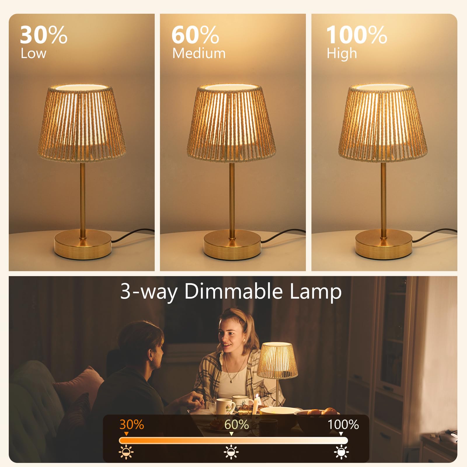 ONEWISH Touch Bedside Table Lamps Set of 2, 14.2in Gold, 3-Way Dimmable, Metal, LED Bulb Included, Model 13TAB150