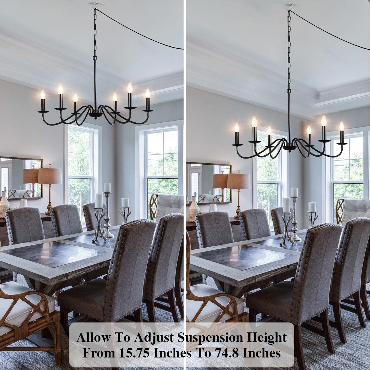LASENCHOO Plug in Chandelier, 6 Lights Black Pendant Light with 15.1ft Cord & Switch, Farmhouse Style for Dining Room & Entryway