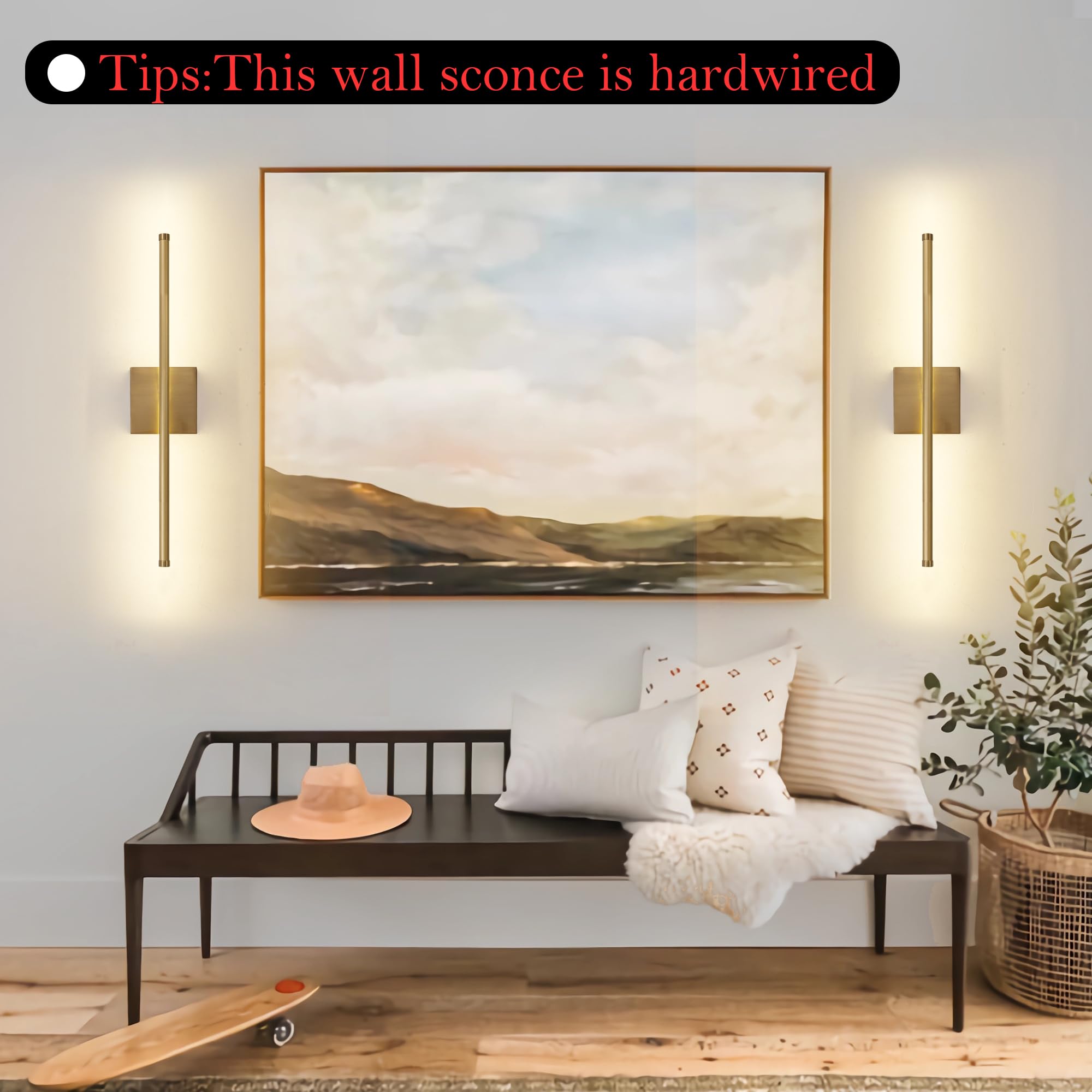 KARTOOSH Dimmable Wall Sconces Set of Two, 24.4" Matte Gold LED Fixtures, 350° Rotate, 3000K Warm Light, Model 06H