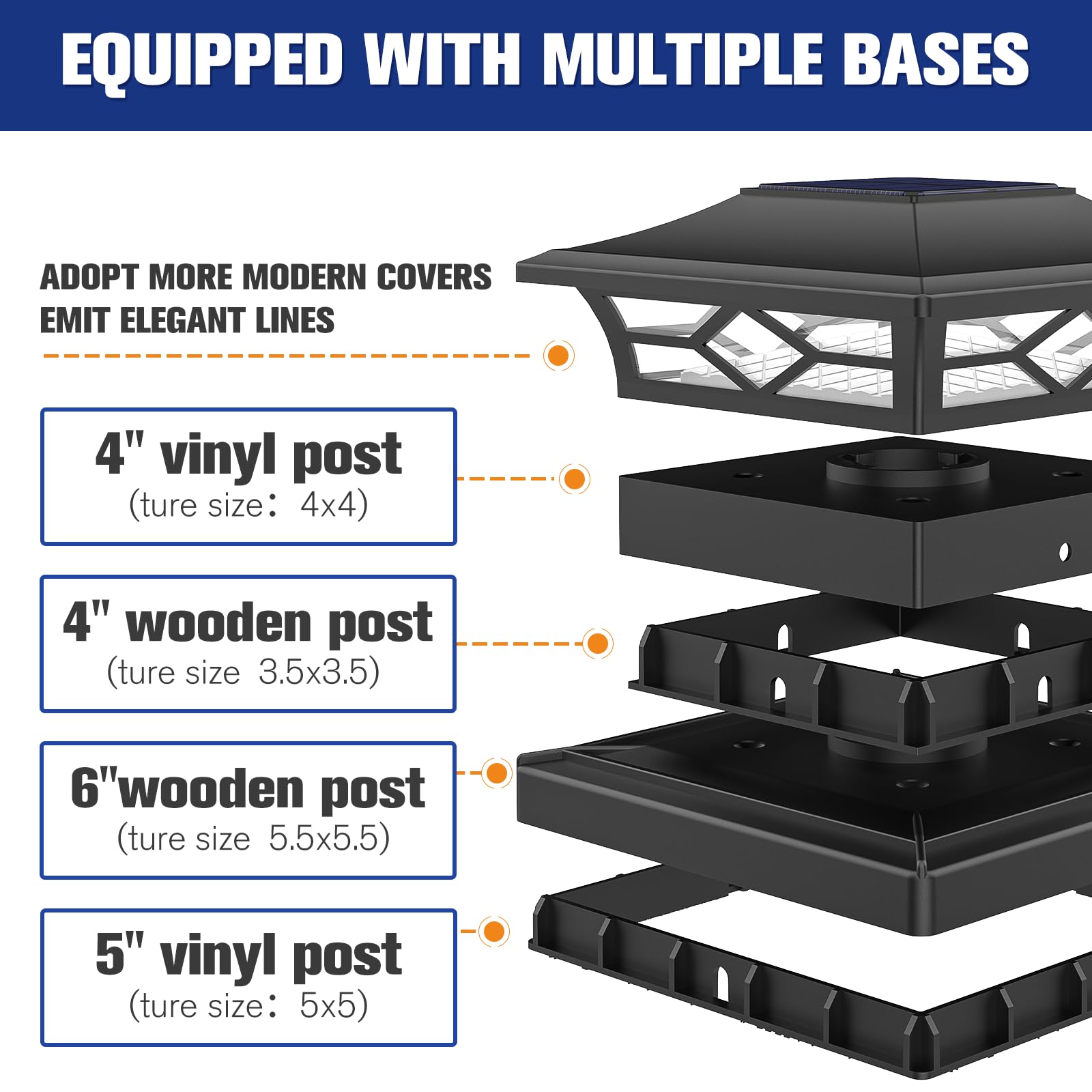 VOLISUN Solar Post Cap Lights - 8 Pack Outdoor Lights for 4x4/6x6 Posts, Waterproof, Warm White/Black, Model 21178ZM