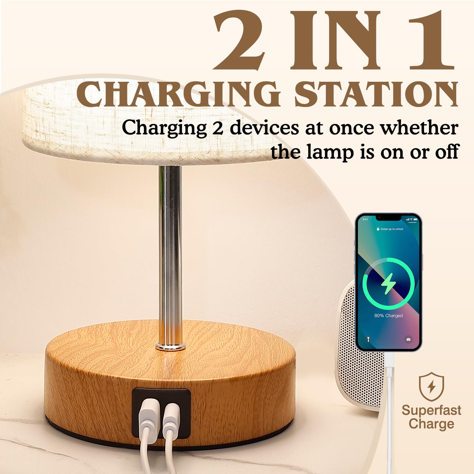 Bedside Table Lamp For Bedroom - 4 Way Dimmable Touch Lamp With Usb And Type-C Charge Port, Small Wood Base Round Flaxen Fabric