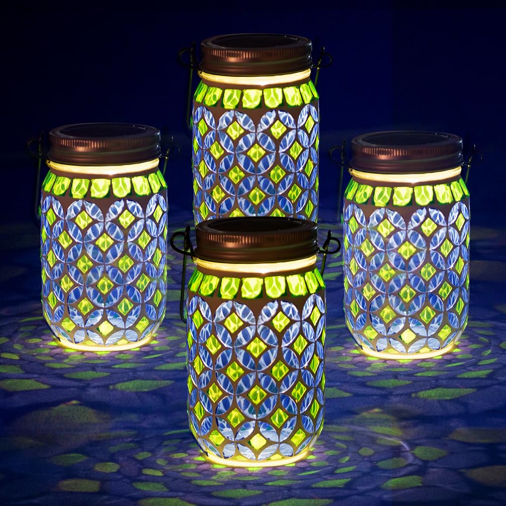 Stargarden 4 Pack Mosaic Solar Lantern , Outdoor Hanging Lantern Waterproof Table Lamp Mosaic Night Light for Tree, Garden, Pati