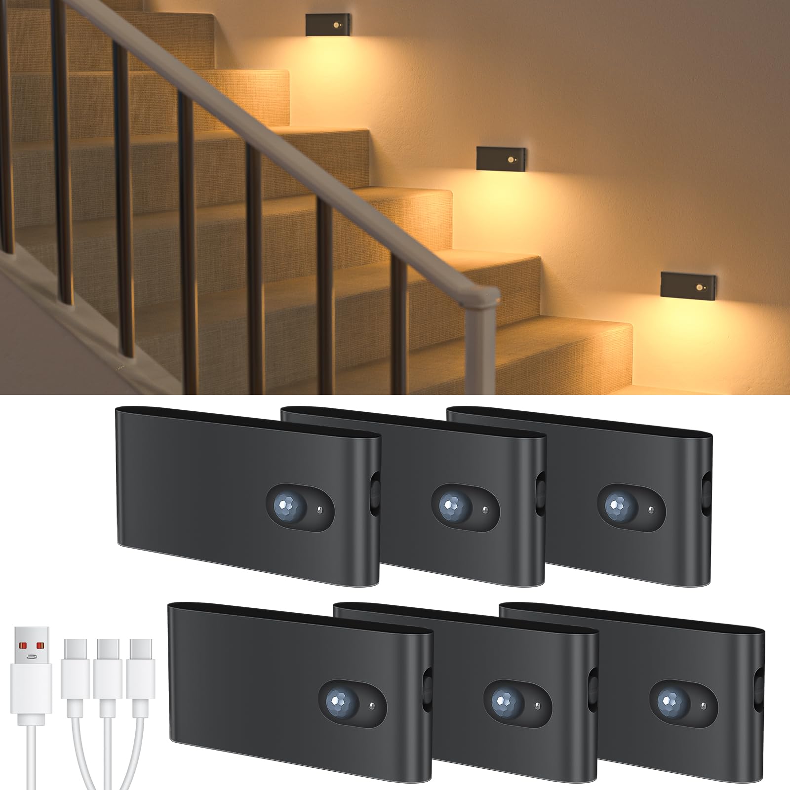 WILLED Rechargeable Night Light, Wireless Motion Sensor, Battery Powered, Plastic, Black, 6 Pack, Model B0DBTR13ZF