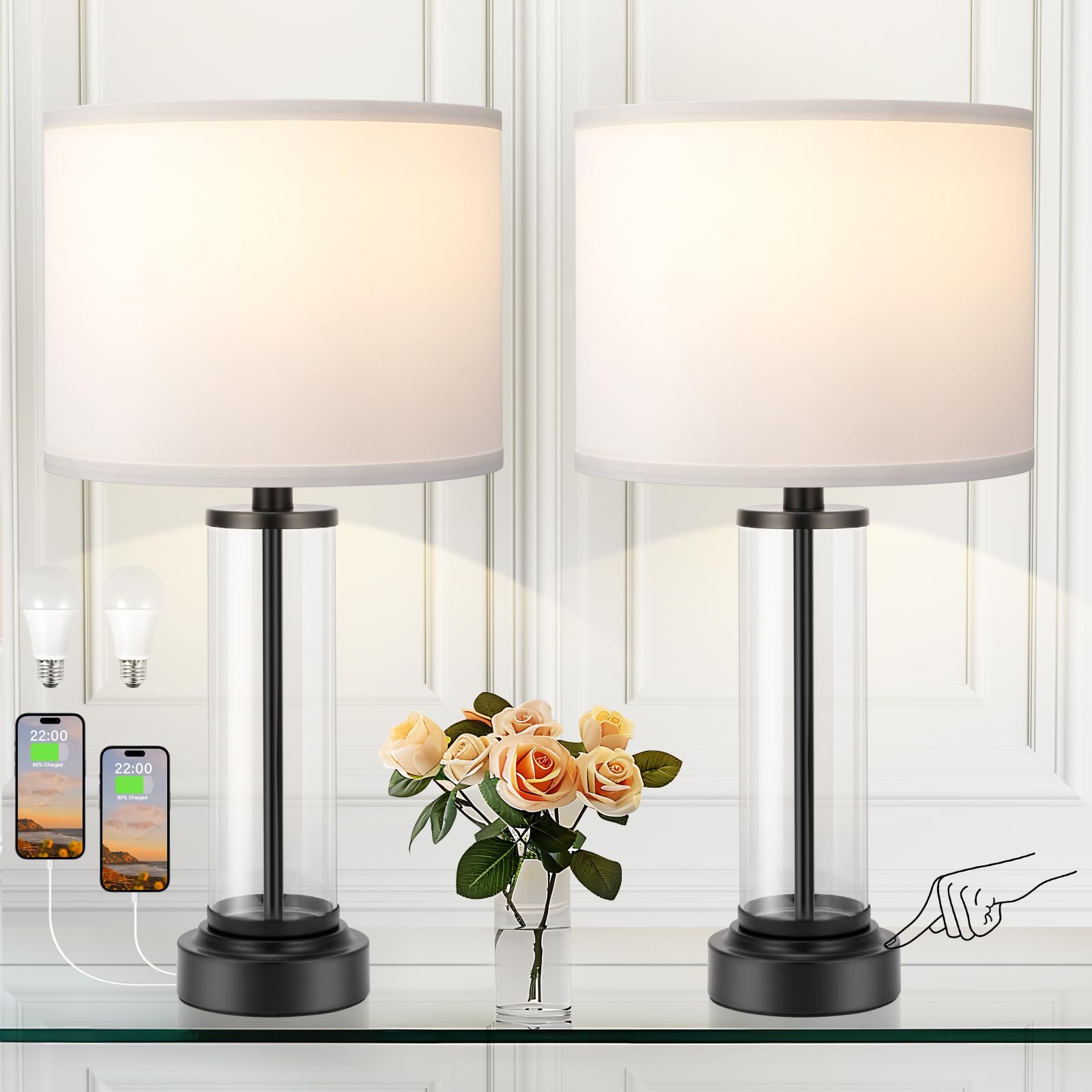Black Bedroom Lamps Set of 2 - Touch Bedside Lamp for Night Stands with USB C+A, 3 Way Dimmable Nightstand Table Lamps for Livin