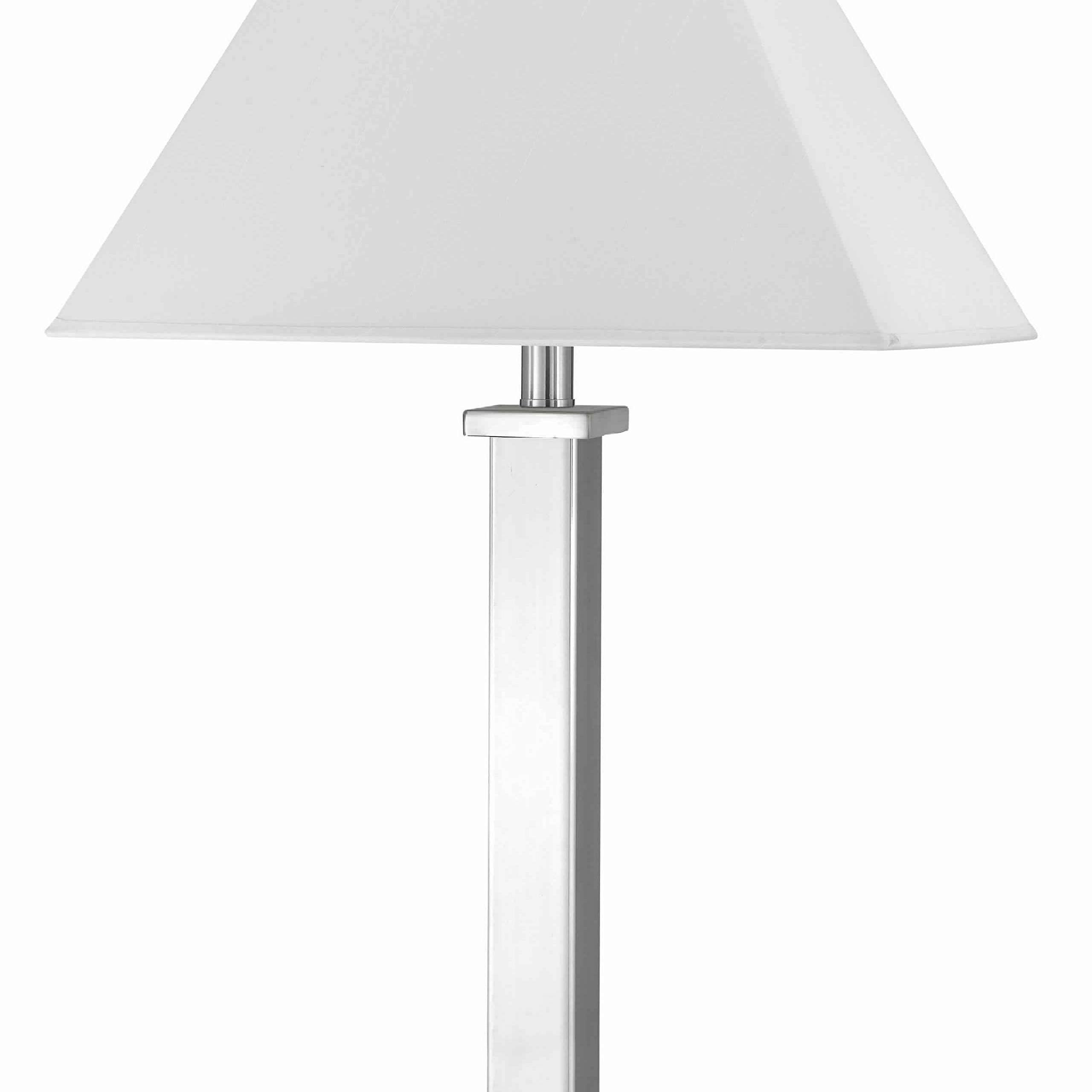 Benzara Trapezoid Shade Table Lamp, Metal Base, 2 USB Ports, White and Chrome, Model BM224678