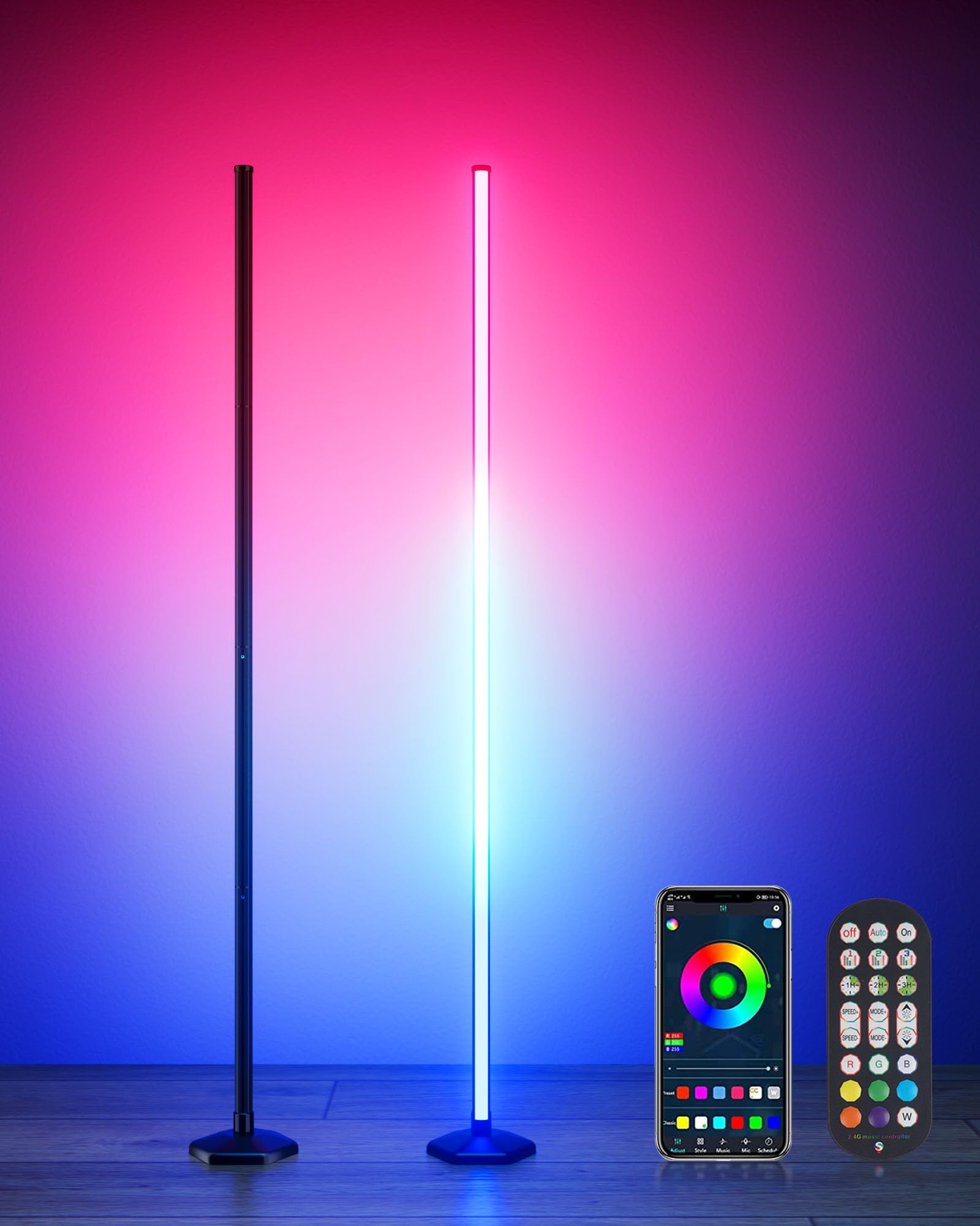 2Pcs Smart Rgb Led Corner Floor Lamp With App And Remote Control, 65 '' Color Changing Standing Lamp With Music Sync And 16 Mill