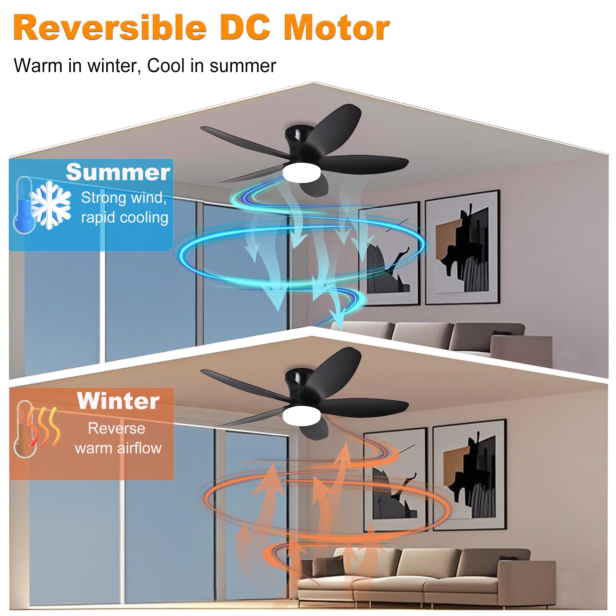 AYSEMO 42in Low Profile Ceiling Fan with Lights, Remote, 6-Speed DC Motor, Dimmable LED, Black