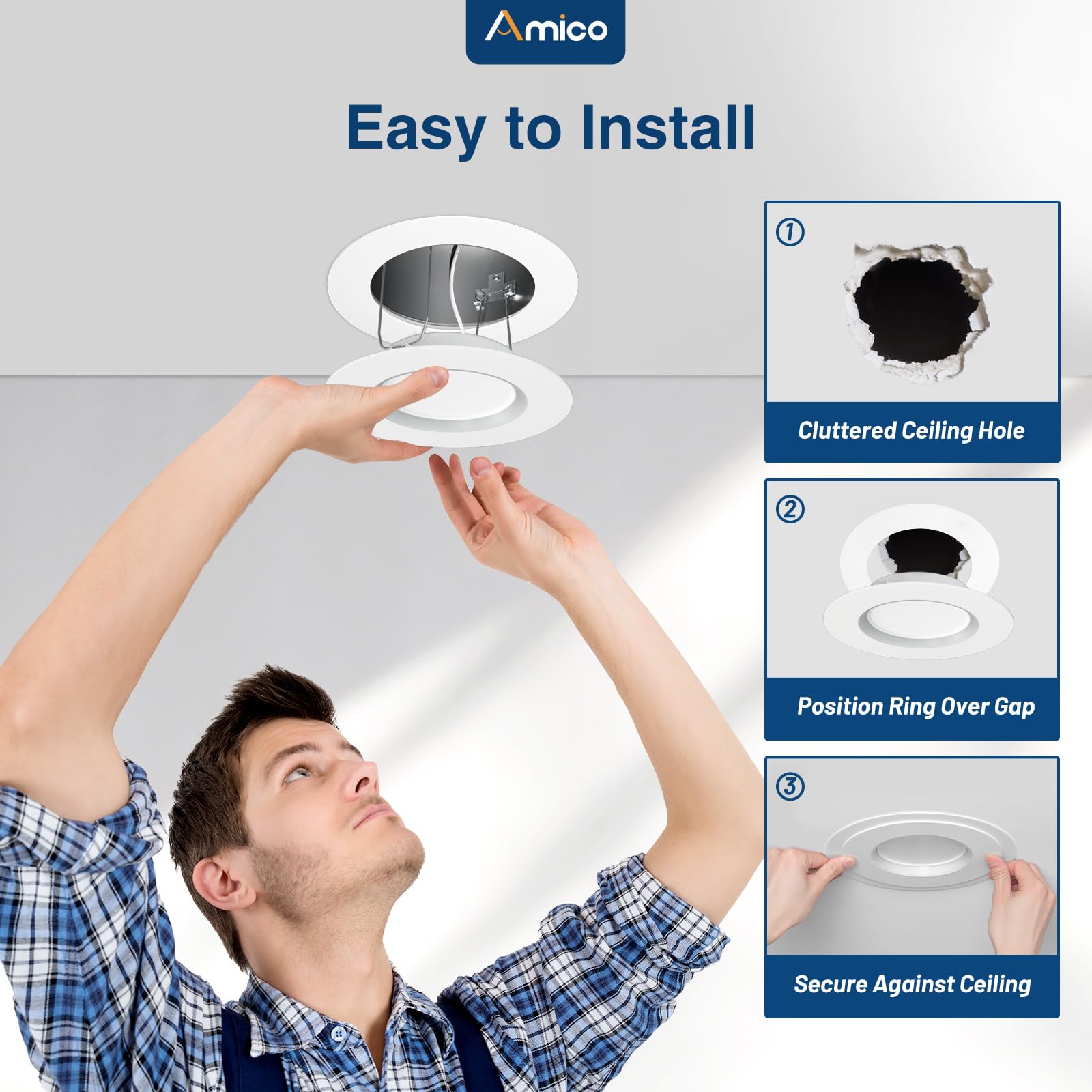 Amico Goof Rings for 6 Inch Recessed Lights - 12 Pack, Durable Plastic, White, 8.6-inch Outer Diameter, Flush Mount