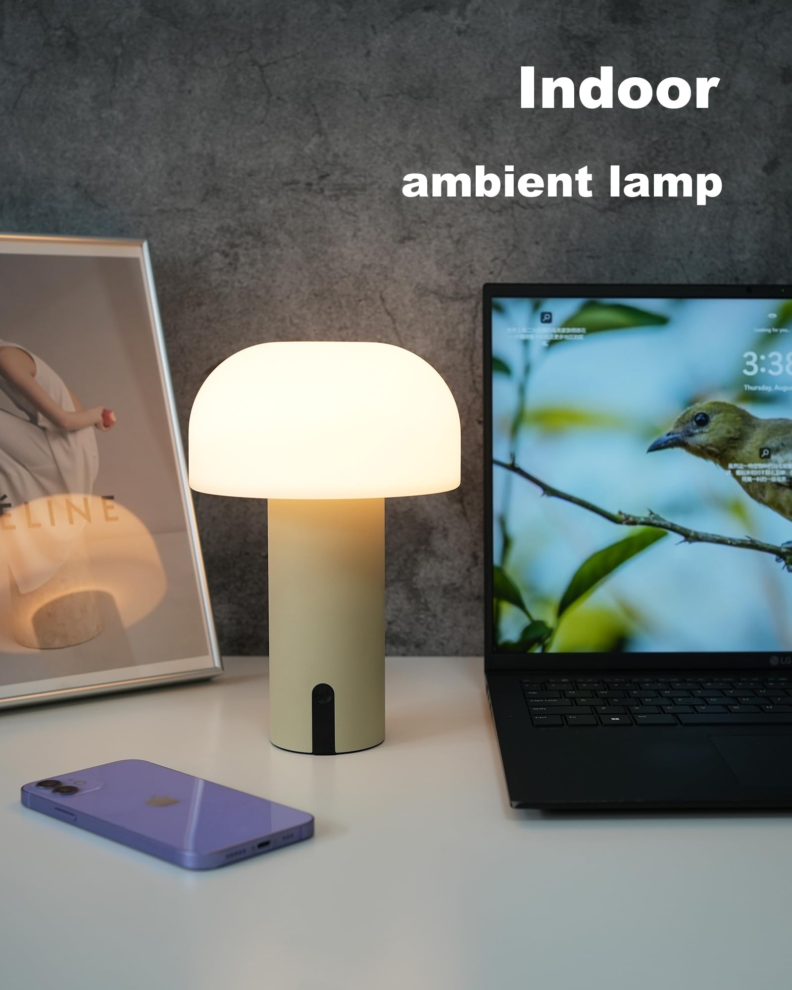 WEILAILUX Cordless Mushroom Table Lamp - Waterproof, Rechargeable, Touch Dimmable, Khaki, Model WL-3760 for Bedroom/Outdoor Use