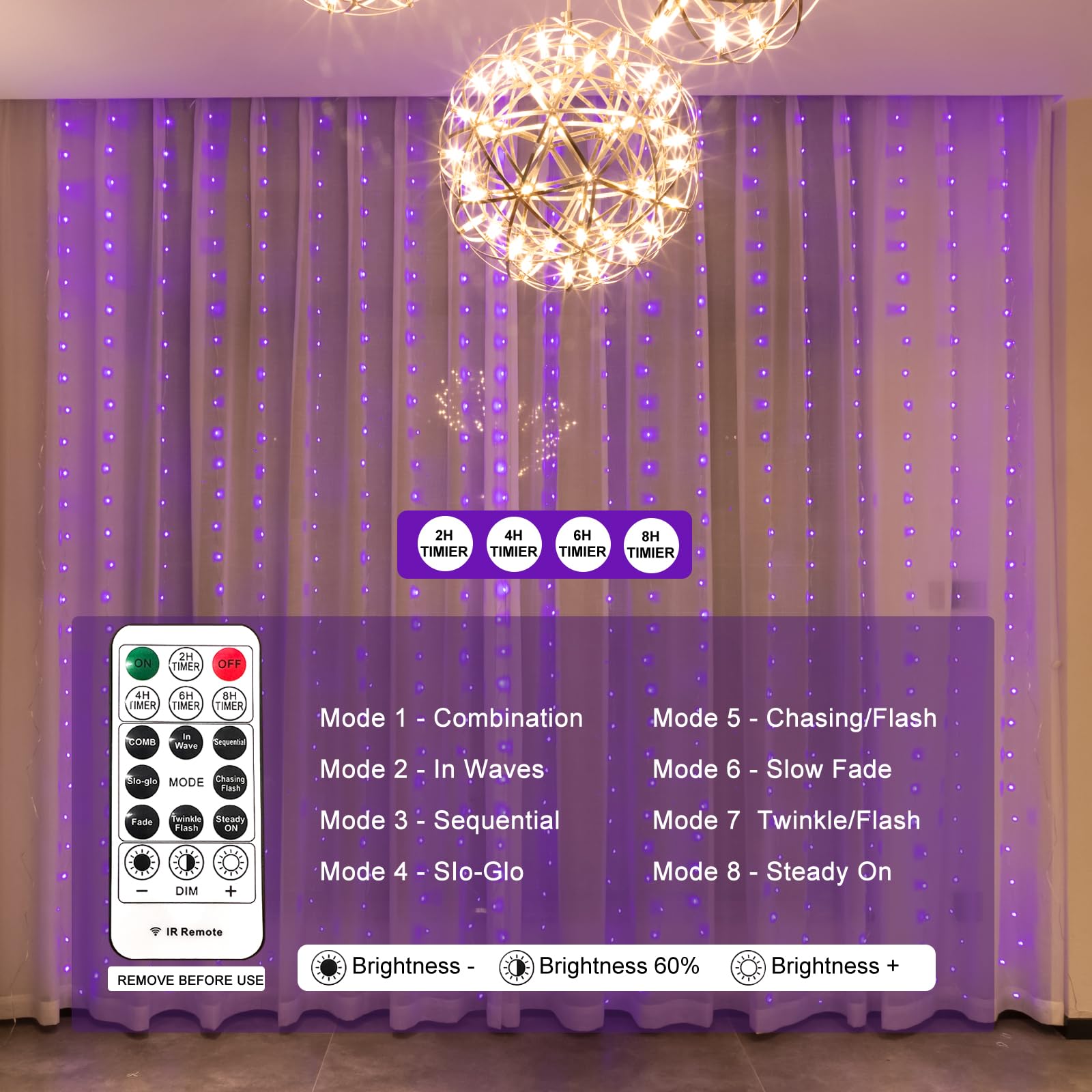 Sinamer Purple Curtain Light With Untangled Wires For Bedroom, 300Led 9.8Ft X 9.8Ft Window Fairy Curtain String Light With 16 Hooks, 8 Modes Remote Control For Wedding Party Home Indoor Decorations