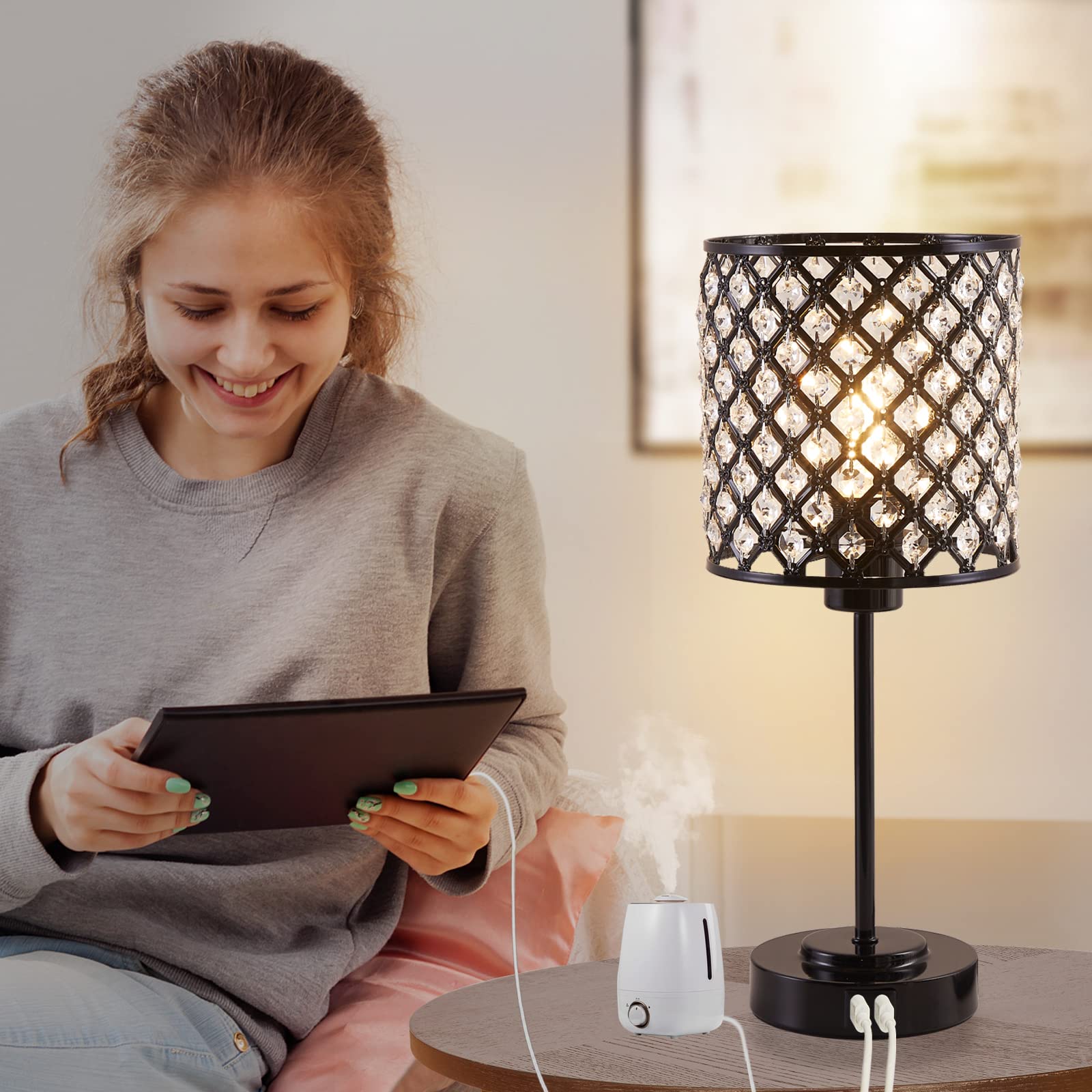 Rayinight Crystal Touch Control Table Lamp With 2 Usb Charging Ports, 3-Way Dimmable Black Crystal Table Bedside Lamp Nightstand