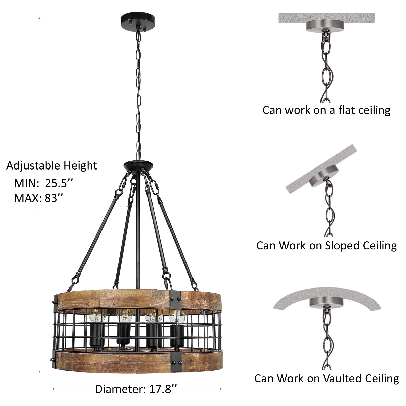 ACNKTZ Rustic Chandelier Light Fixture, 4-Light Pendant, Black Wood, 17.8'' Diameter for Dining Room, Entryway, Kitchen Island
