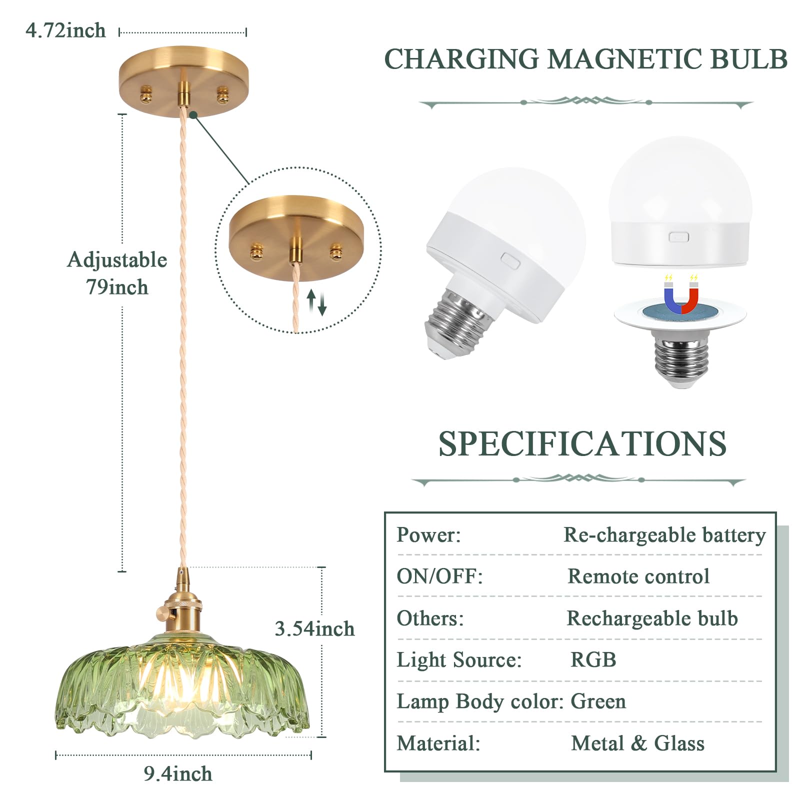 Loiogohot Battery Operated Pendant Light, Vintage RGB Chandelier 9.4in, Glass, Scindapsus Green, Model PL-BN1167-CD-GN