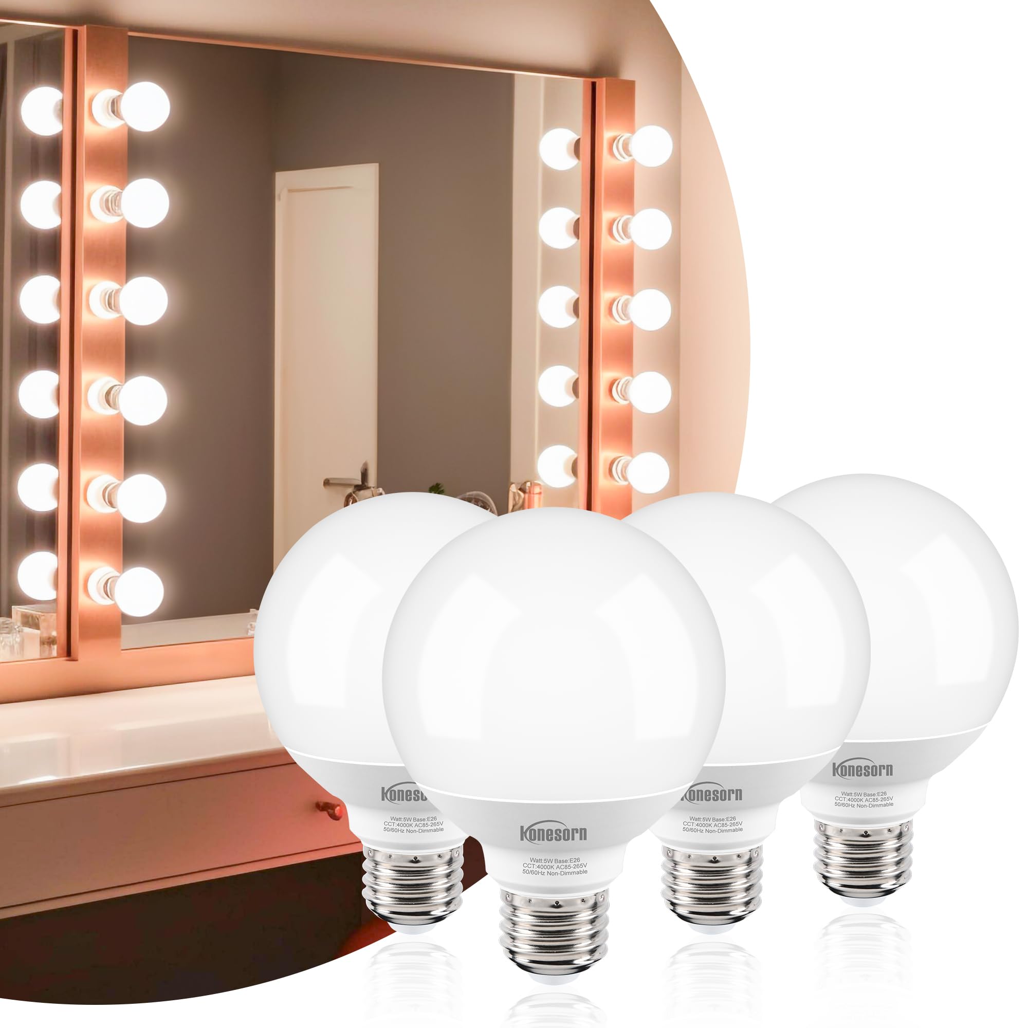 Honesorn 4 Pack G25 Led Globe Bulbs, 60W Equivalent, 4000K Natural Daylight White, E26 Base For Bathroom Vanity Over Mirror, 120