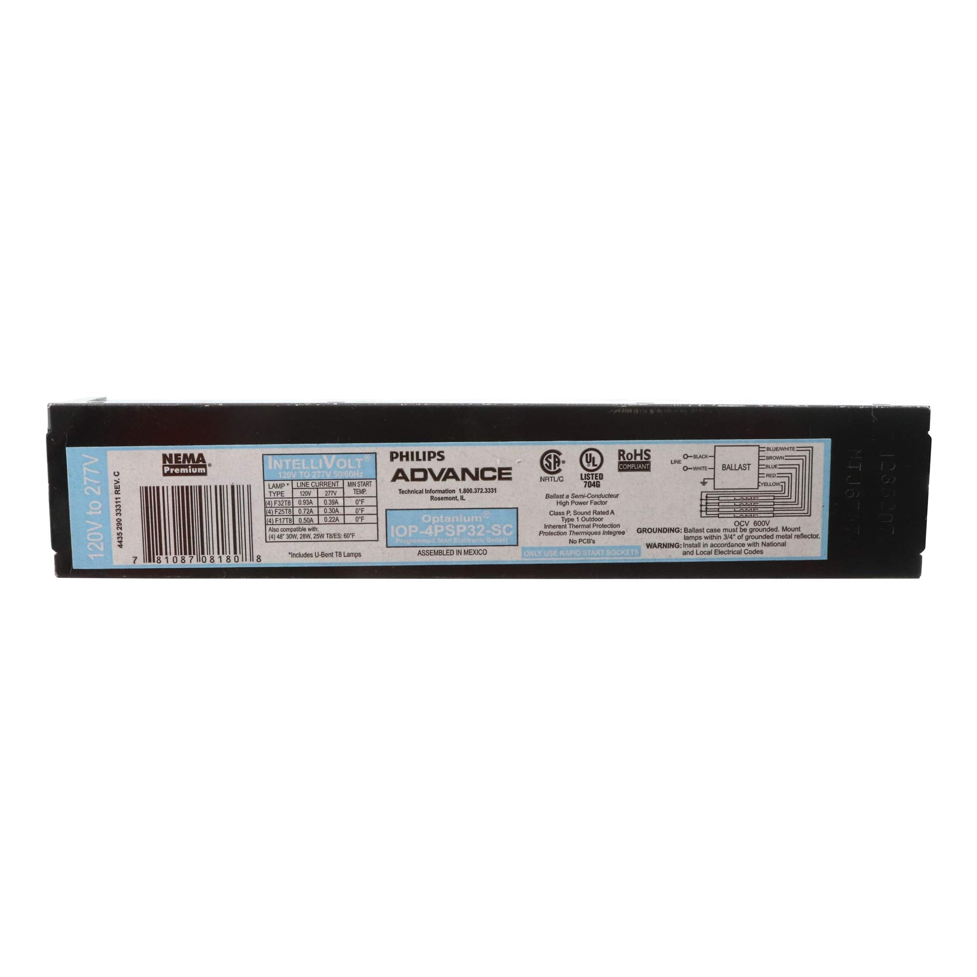 Advance IOP-4PSP32-SC Electronic Fluorescent Ballast, 4-Lamp, T8 F32T8 32W, 120/277V
