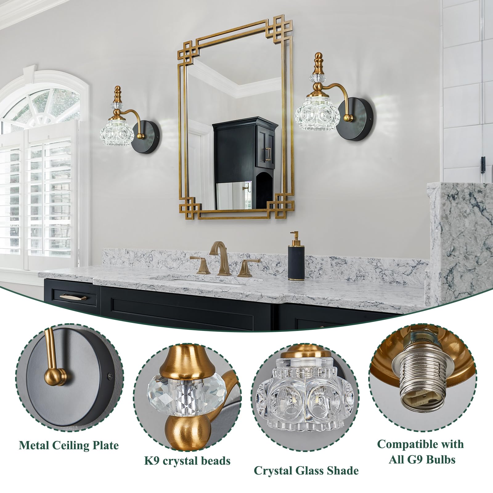 Lbsqj Modern Wall Sconces Set Of Two Black Gold Vintage Indoor Glass Wall Lamp Bathroom Vanity Light Fixture Wall Mounted Room Sconce Wall Lighting