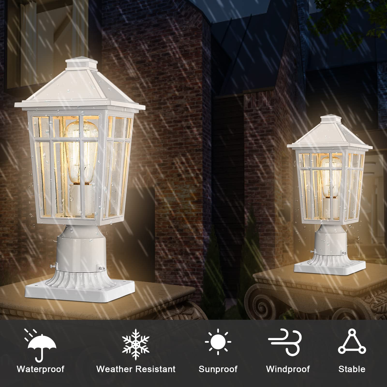 Darkaway Outdoor Post Lights, Waterproof Aluminum, Glass Fixture, 2 Pack, White, Model 6X16P-2PK WH