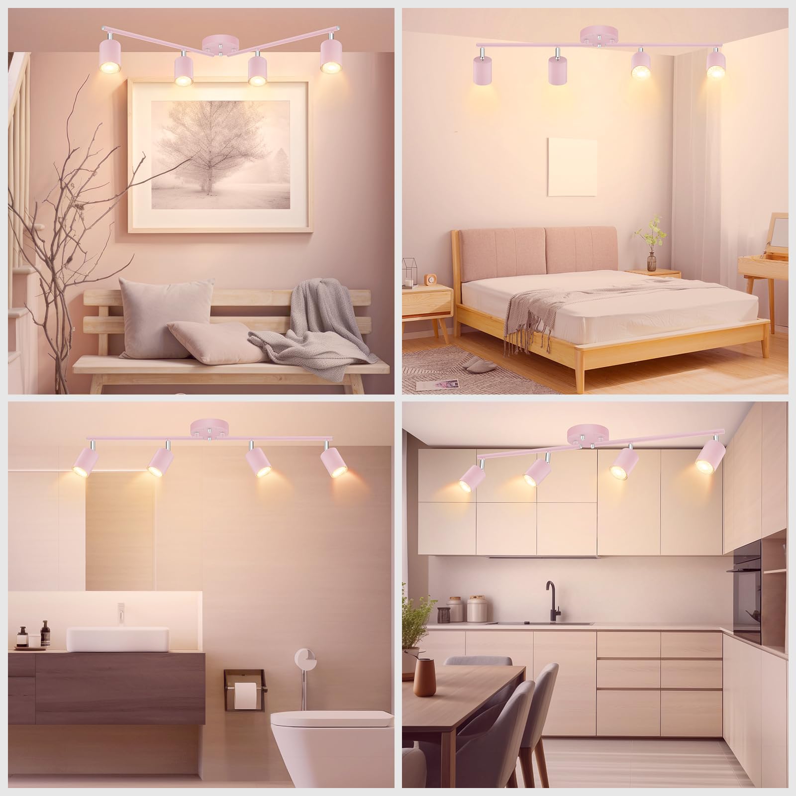 Track Lighting Fixture Ceiling, 4-Light Led Track Lights Kit, Modern Ceiling Light Fixtures, Pink Wall Decor Spot Lighting For G