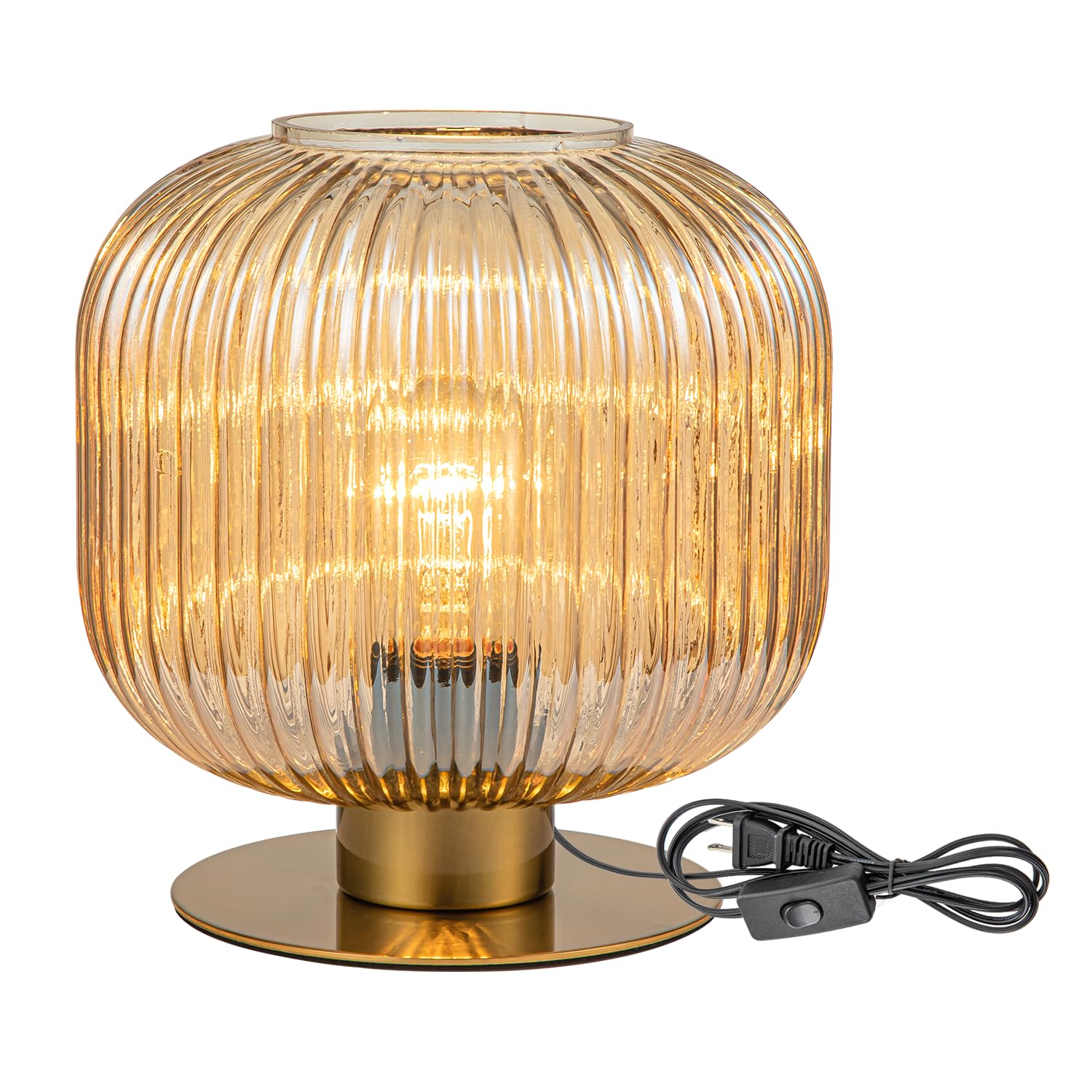 Mid Century Modern Globe Table Lamp, Amber Glass Table Lamp Vintage Bedside Lamp Gold Nightstand Lamp Ribbed Lantern Design, Sma