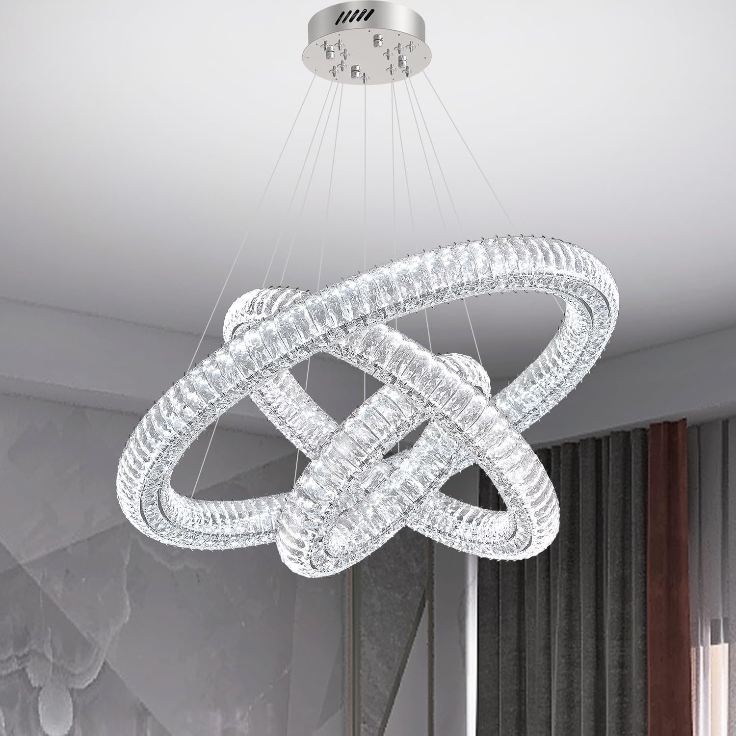 IDEQUY Dimmable LED 15.7'' Ring Pendant Light Modern Adjustable Black Round Crystal Chandelier Light Fixtures for Dining Room Li