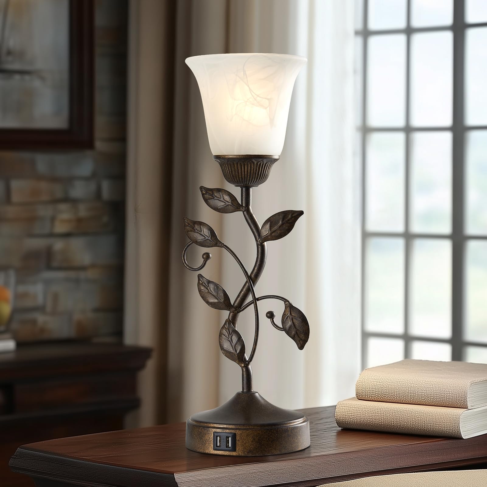 Roriano Set Of 2 Touch Farmhouse Bedroom Table Lamps, Nightstand Vintage Flower Lamps With 2 Usb Ports, 3 Way Dimmable Leaf Lamp