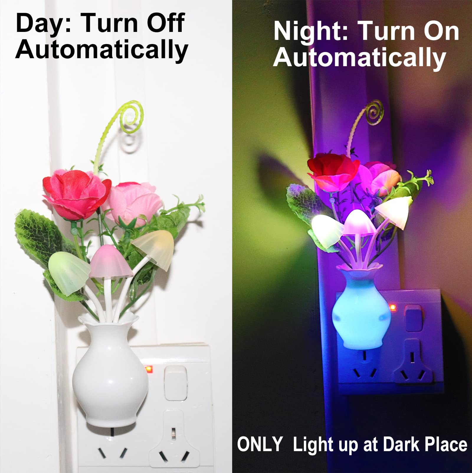 Ausaye 4 Pack Plug In Led Night Light Sensor Light Rose Flower Decor,Energy Saving Lamp Dream Nightlight Mushroom Night Lights F